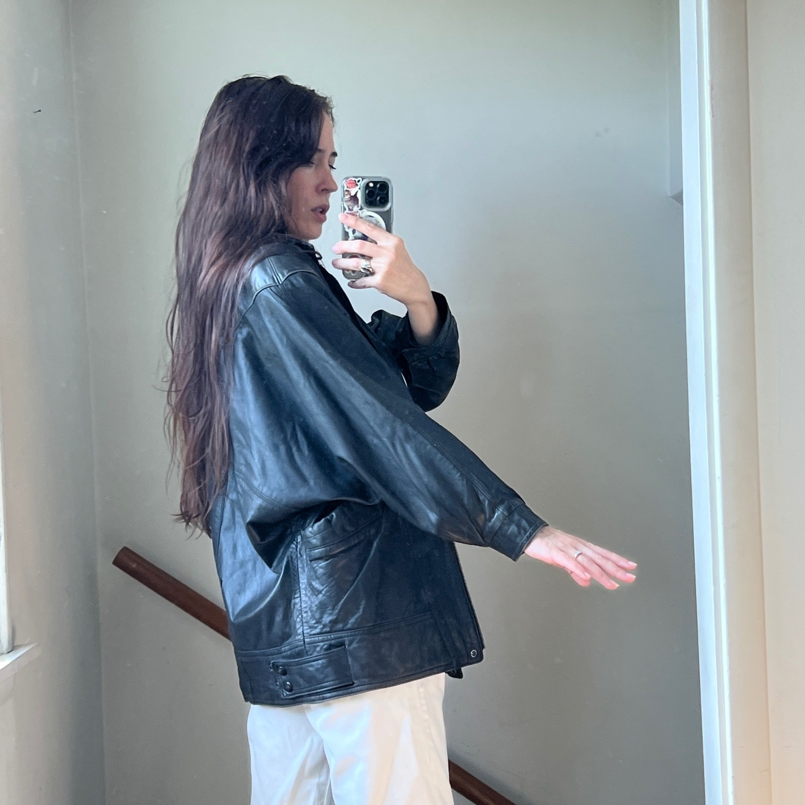 Vintage 80s Leather Jacket Black Biker Moto Dolman Sleeve Batwing Oversized USA