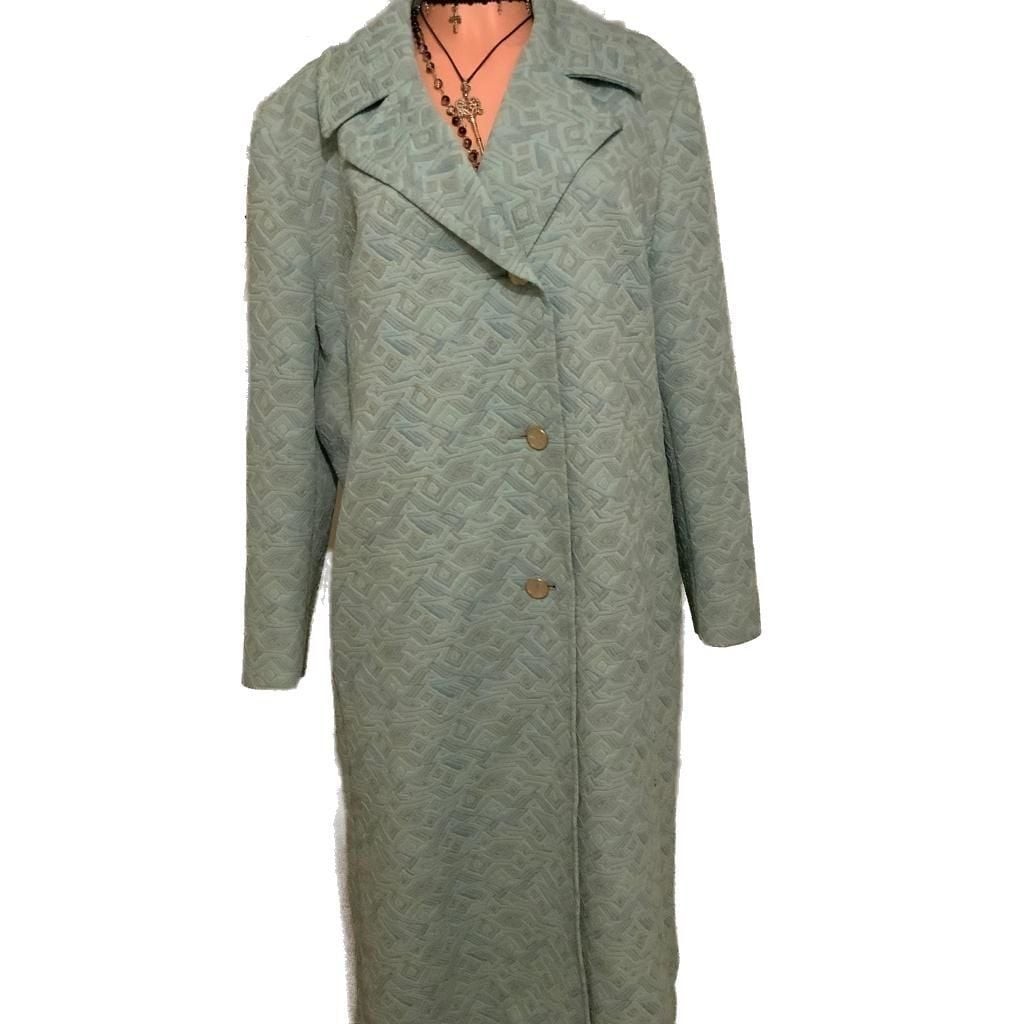 Vintage Dearden 1950s Light Blue Geometric Jacquard Long Coat – Size L
