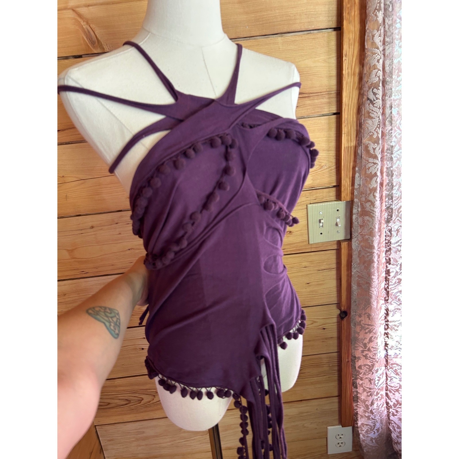 Vintage Purple Convertible Multiway Wrap Top Skirt Scarf Boho Pom Pom Fringe Fes