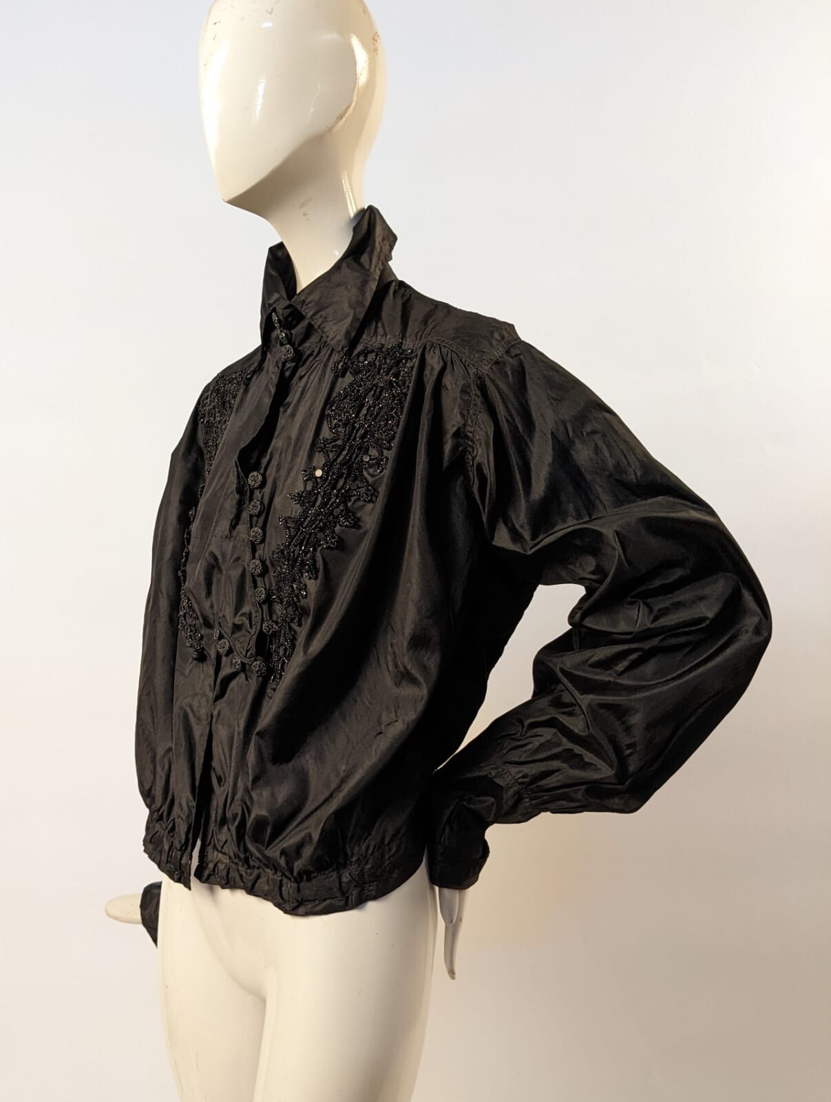 EXQUISITE GOTHIC EDWARDIAN SILK TAFFETA BLOUSE W RICH JET BEADING