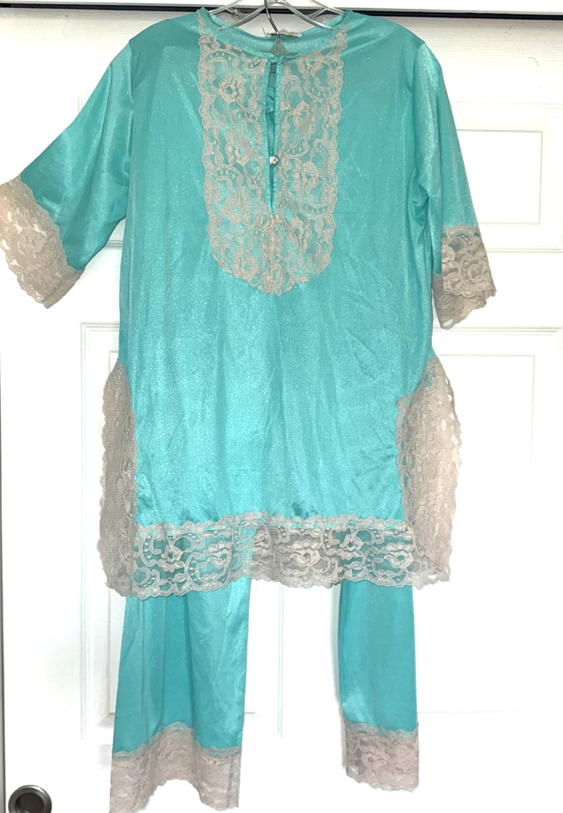 ERICA LOREN Vtg 1970s NYLON Pajama Set AQUA Blue Lace Trim SMALL Boho