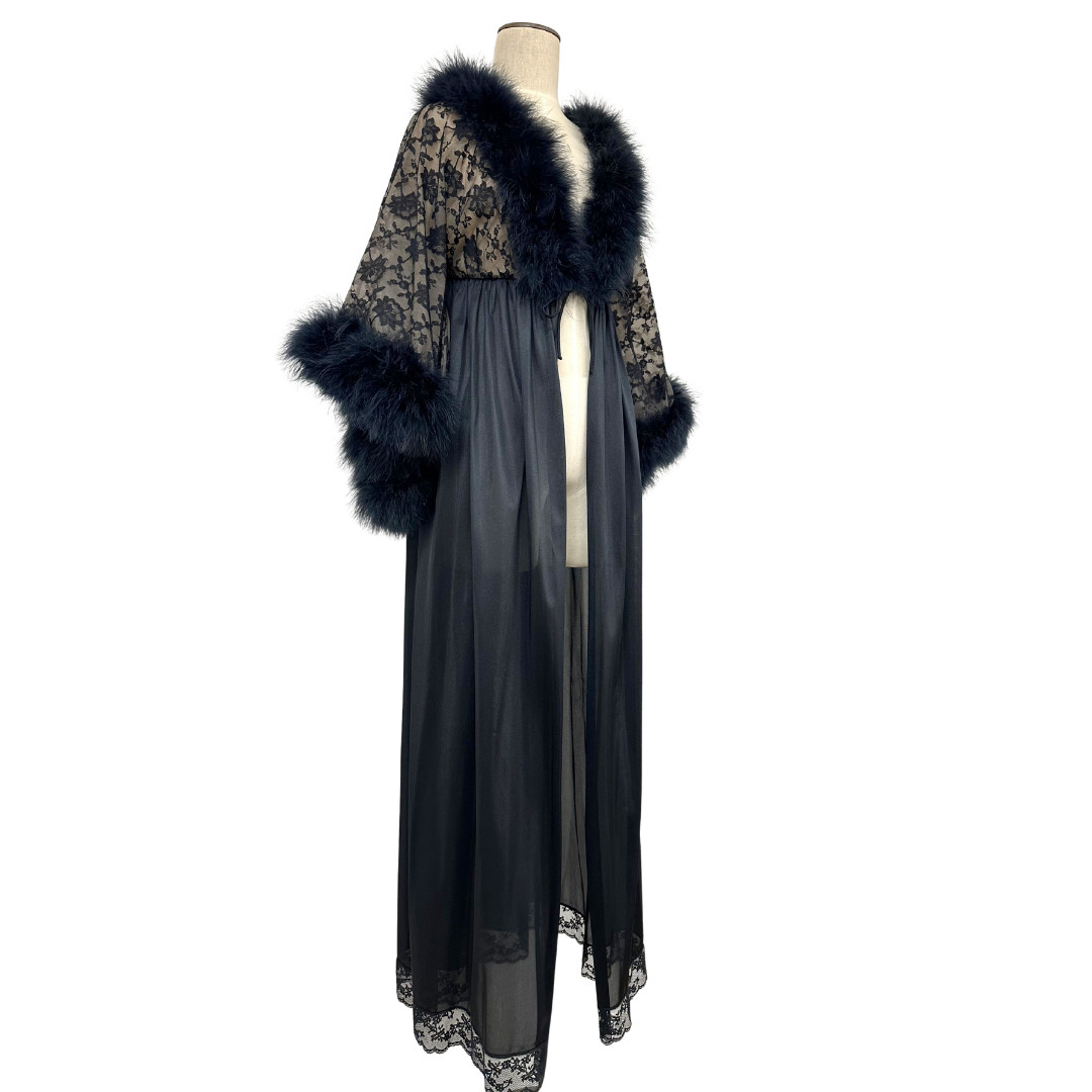 Vintage 1960s Jenelle Black Marabou Feather and Nude Illusion Lace Peignoir Robe