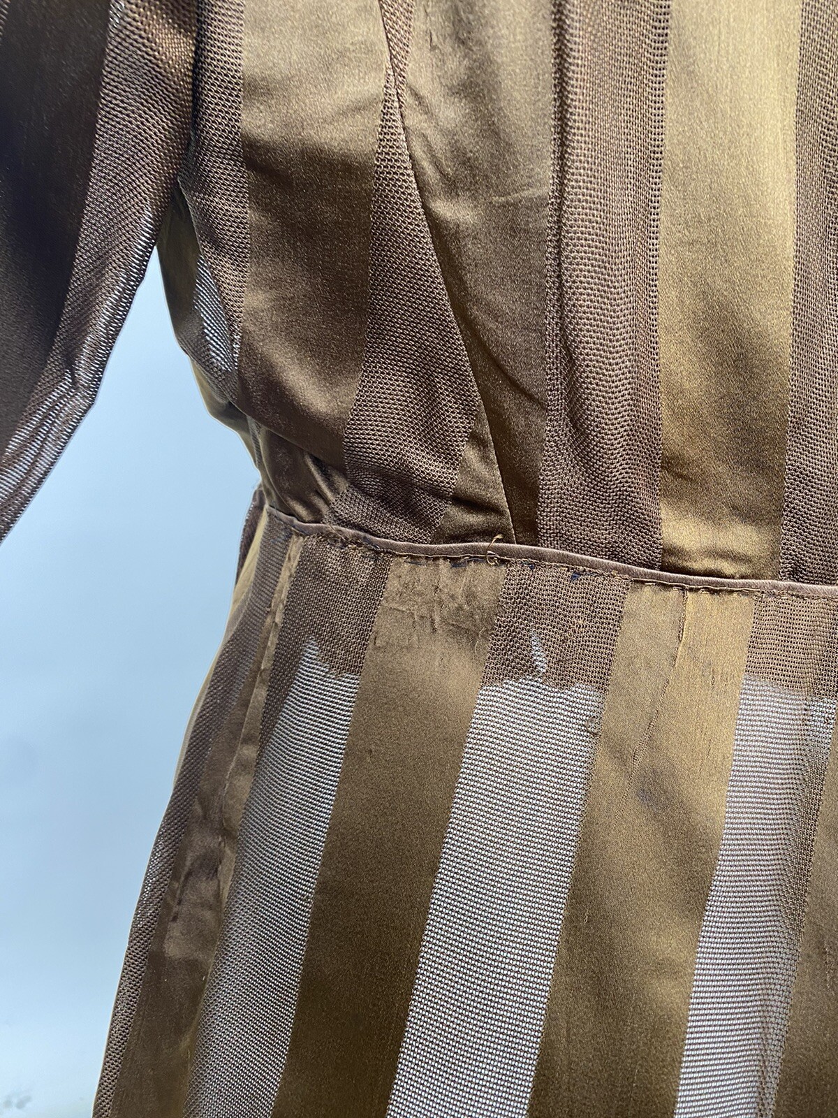Brown Silk Net Striped Antique Victorian Walking Dress Edwardian 1900s AS IS