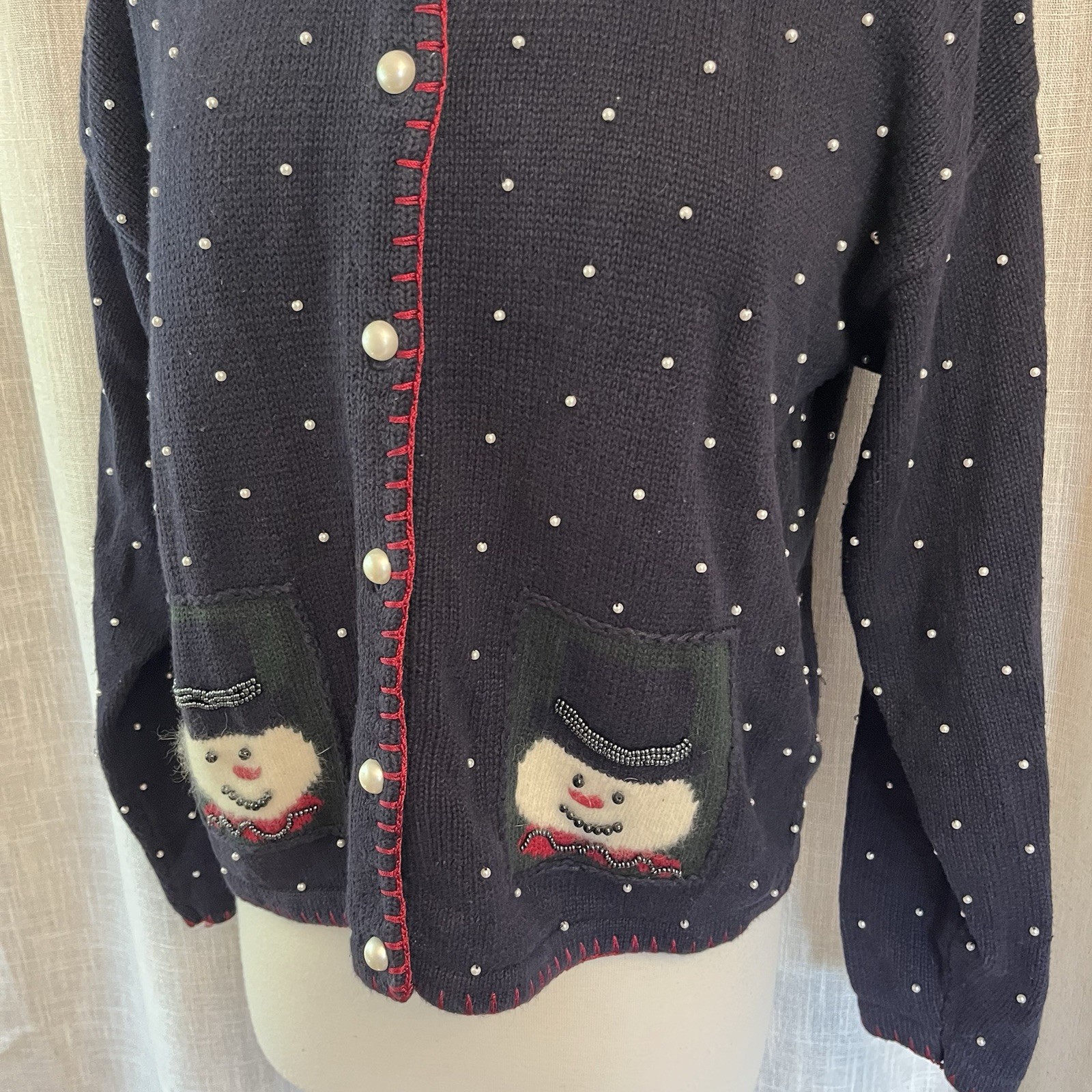 VTG Christopher & Banks Christmas Hand Embroidered Snowman Beaded Cardigan L