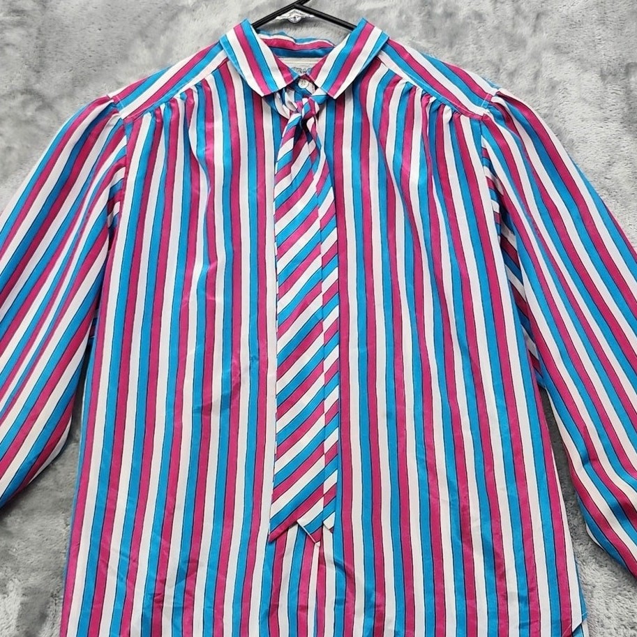 Vintage The Villager Top Womens 16 Pink Blue White Striped Tie Neck Button Front