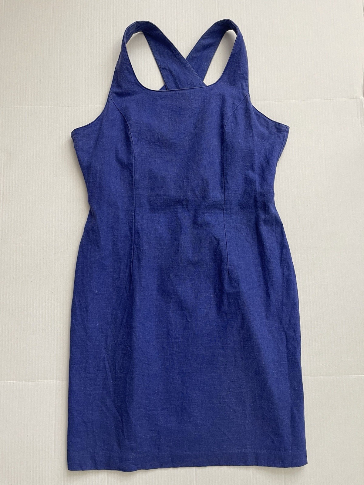 Vintage 90s Express Cobalt Blue Linen Sheath Dress Open Cross Back Size 13/14