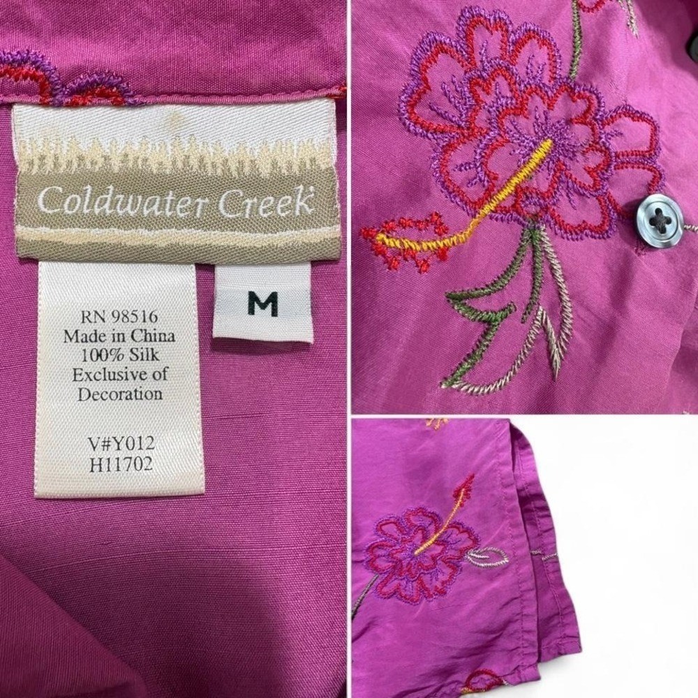 VTG Silk Blouse Embroidered Fairycore Coldwater Creek Floral Magenta Size M