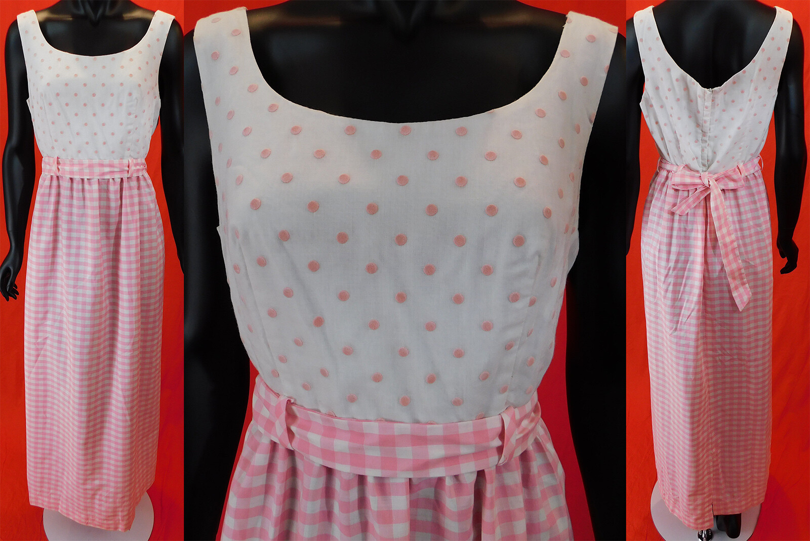 Vintage Chas. L. Lewis Hollywood Pink White Gingham Check Polka Dot Maxi Dress