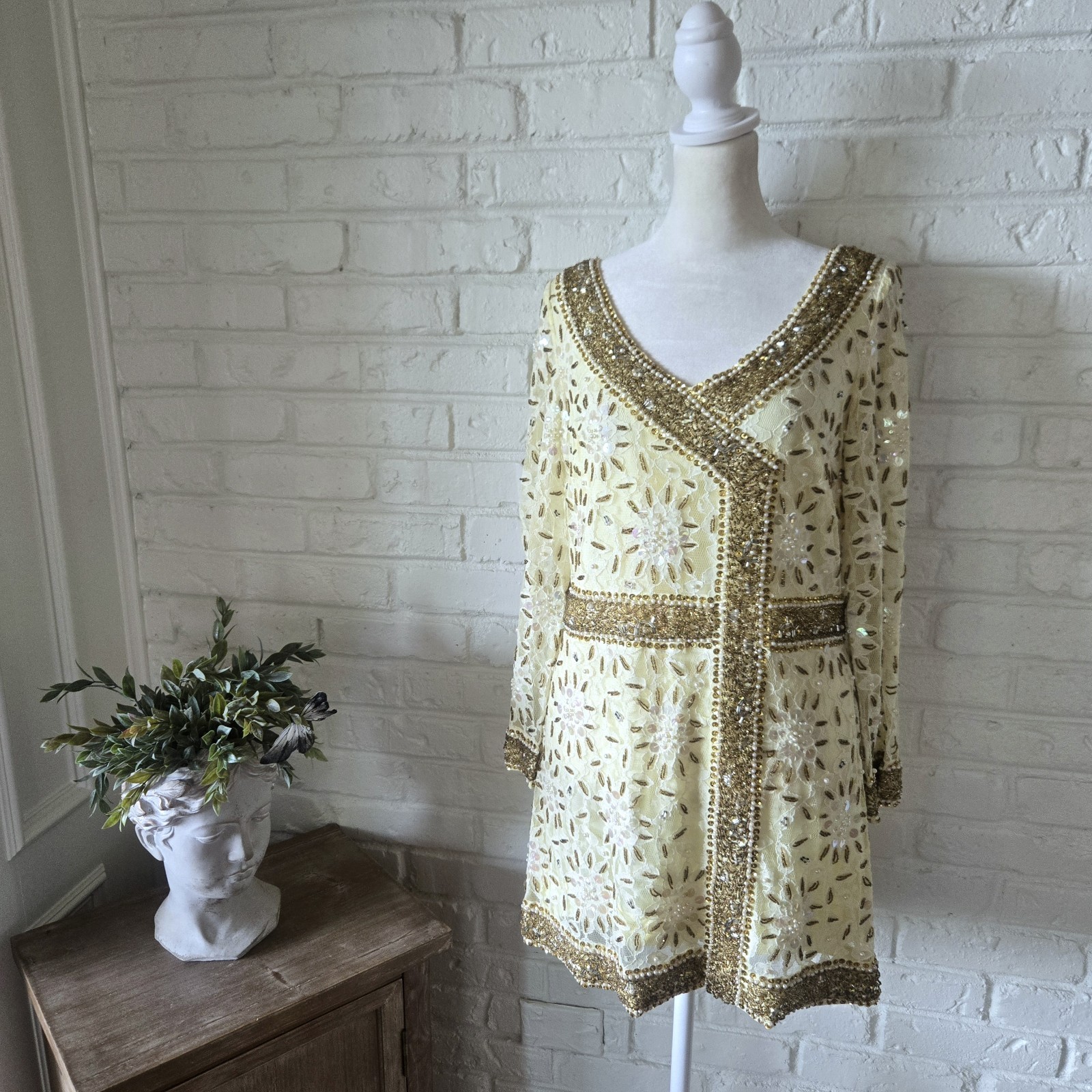 Vtg 60s 70s Beaded Tunic Top & Pants Set, Yellow & Gold, Vacation, S
