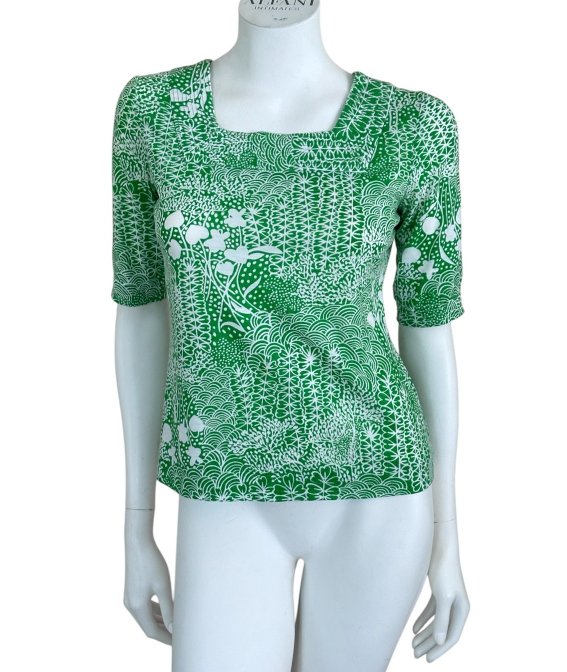 Vtg 70s Ditsy Geometric Floral Print Top Size S Square Neck Cotton Green White