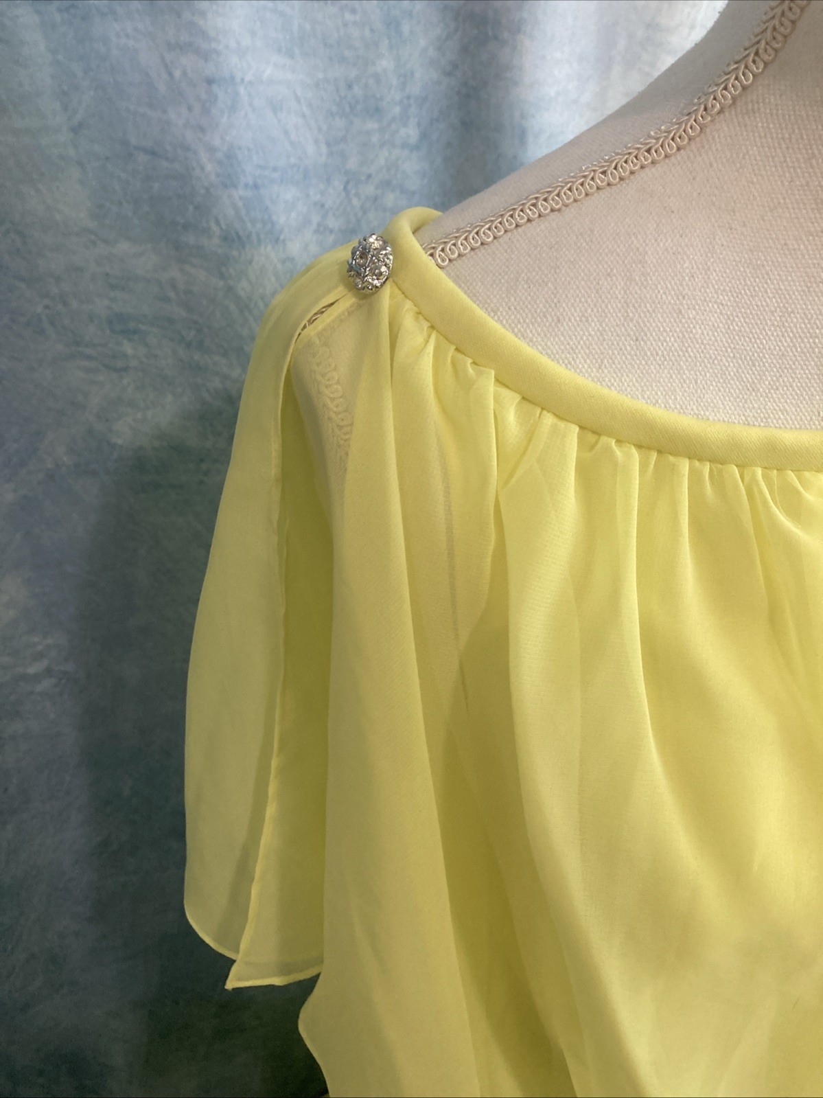 Vtg 70s Grecian Disco Maxi Dress Neon Yellow Chartreuse Chiffon Overlay Gown XS
