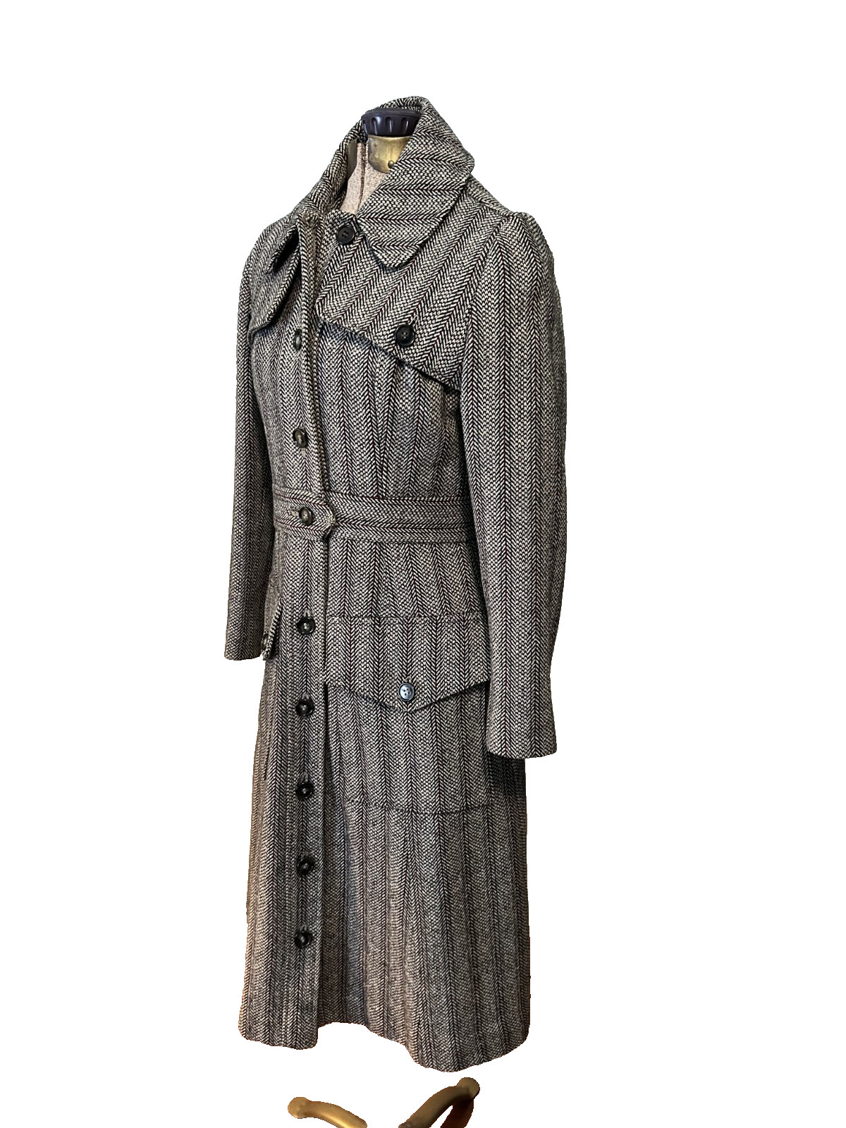 Vintage 1940 Hand-Tailored Herringbone Wool Princess Coat Long Fitted Gorgeous S