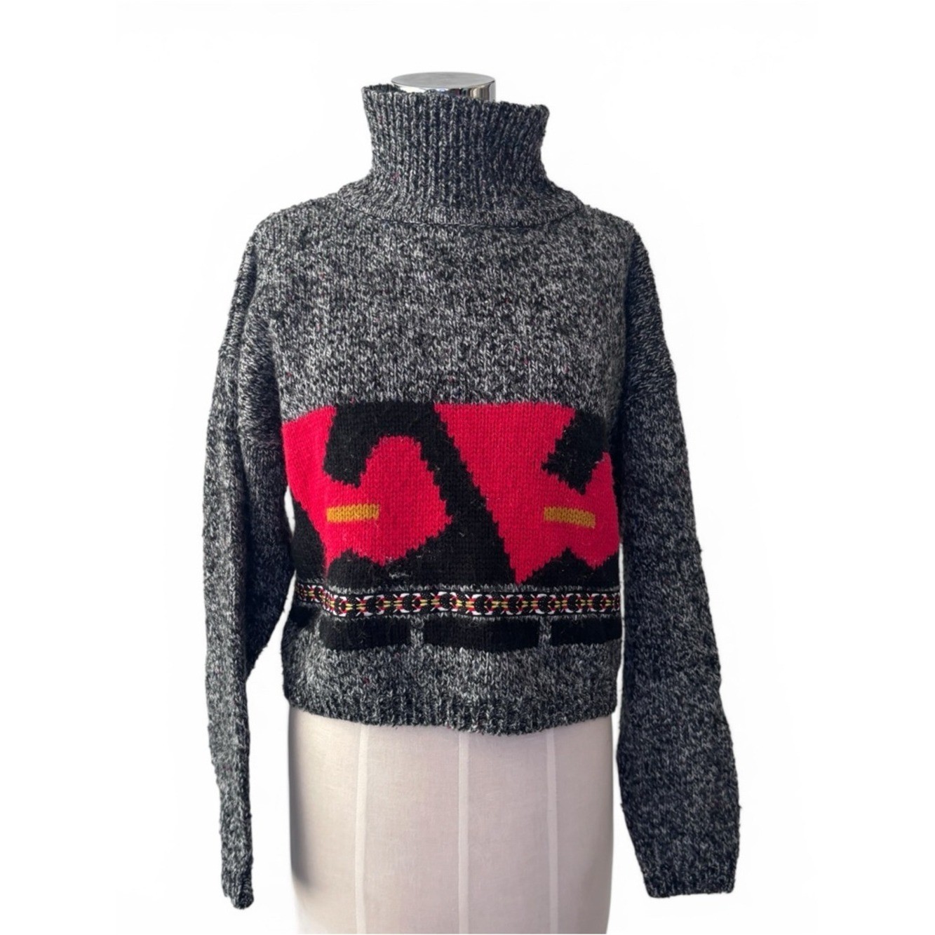 Vintage Black, Gray and Red Geometric Abstract Turtleneck Wool Sweater M