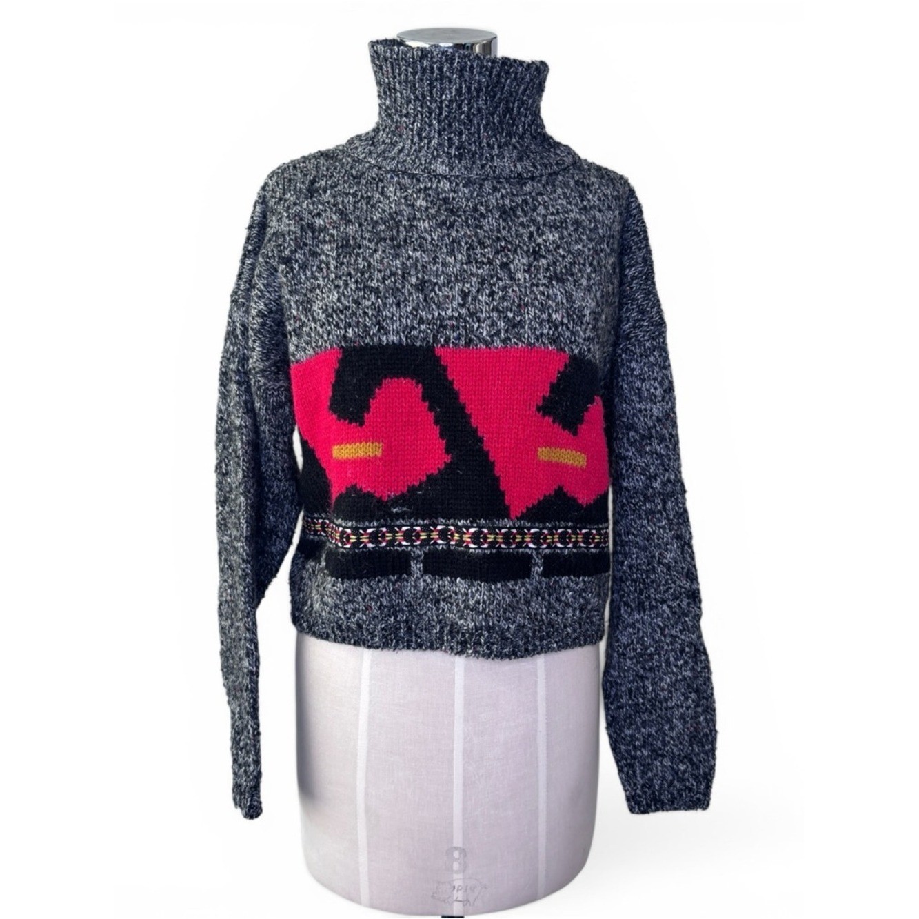 Vintage Black, Gray and Red Geometric Abstract Turtleneck Wool Sweater M