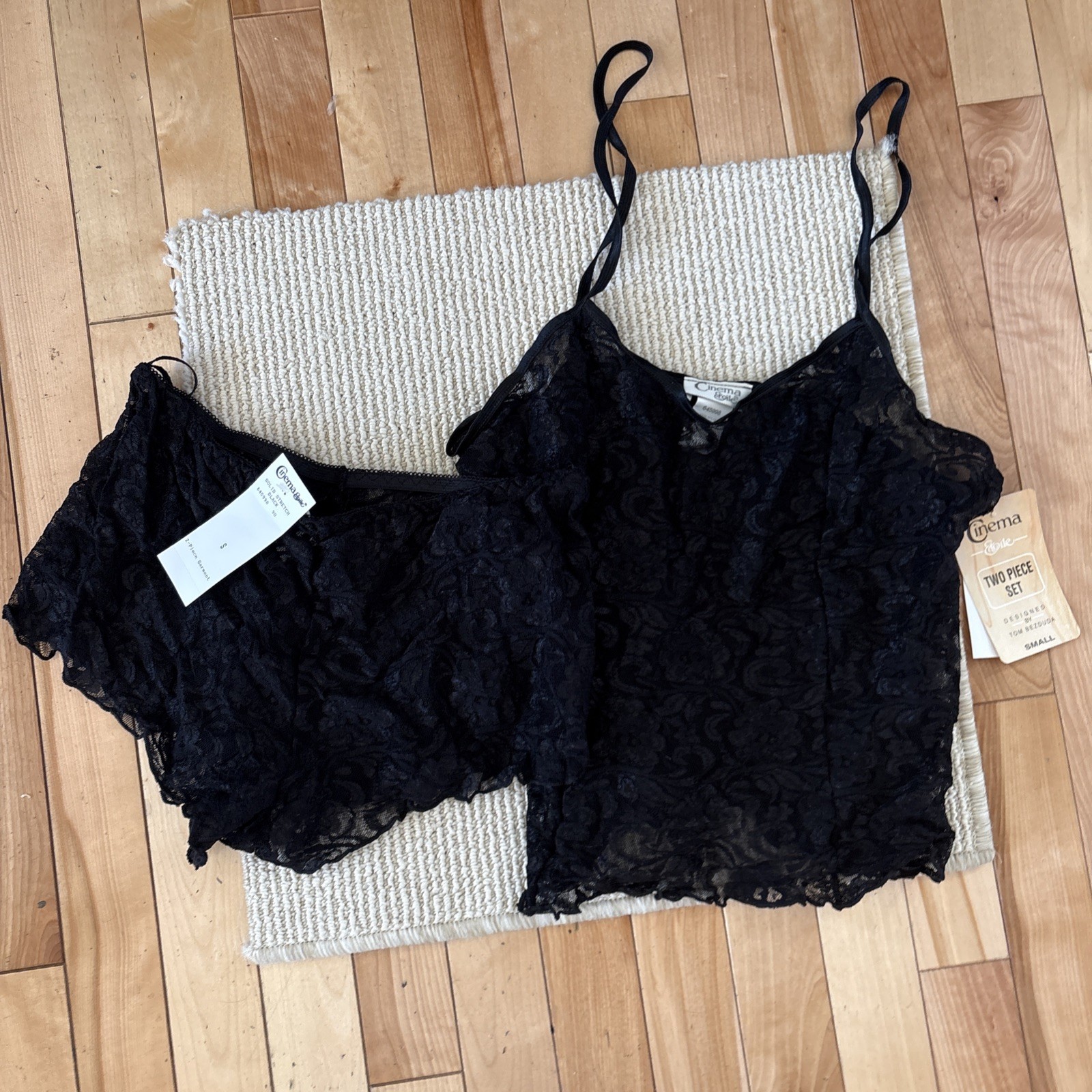 Vintage Cinema Etoile Lace 2pc solid stretch black Lingerie nylon Small NWT