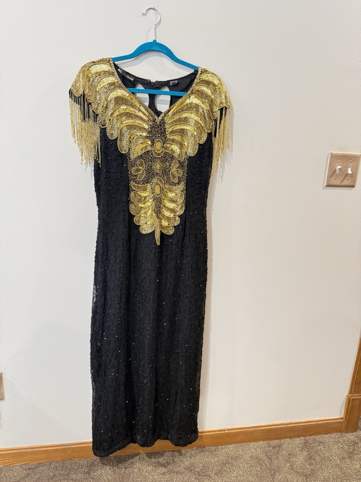 Vintage Black And Gold Silk Long Beaded Dress with Fringe Size Large 90&rsquo;s