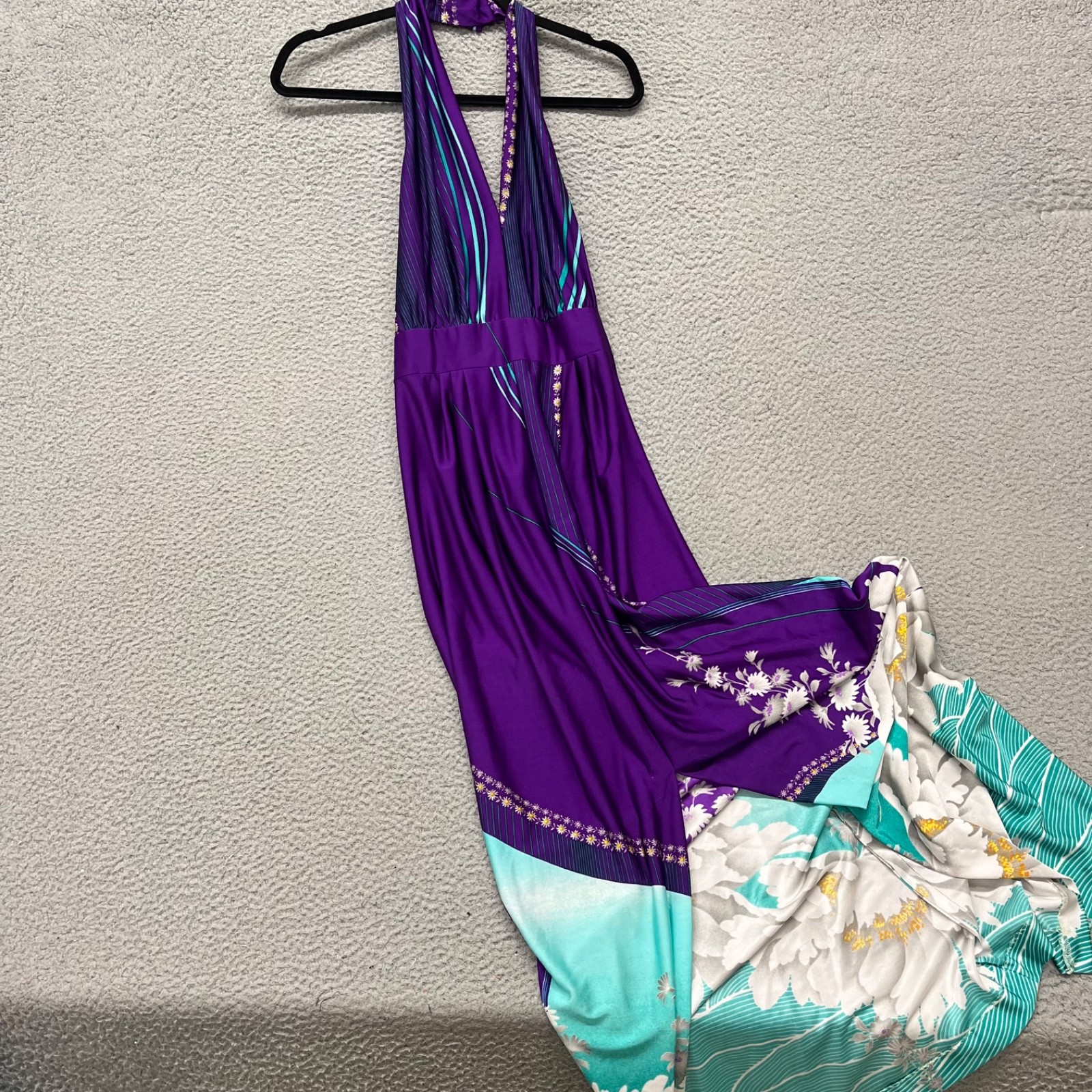 Vtg Hawaiian Dress Malihini Hawaii Womens 10 Purple Floral Halter 70&rsquo;s Tropical