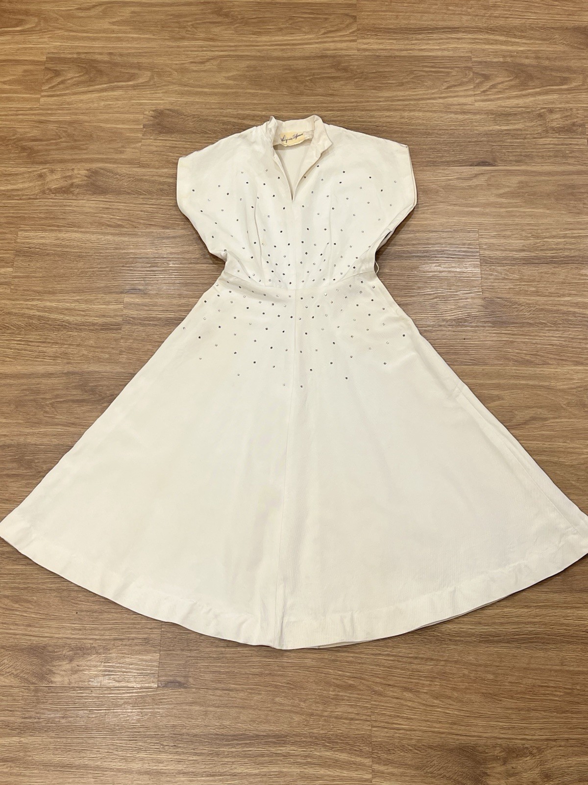 Vintage 1950s Virginia Spear Designer Cream Rhinestone Dress