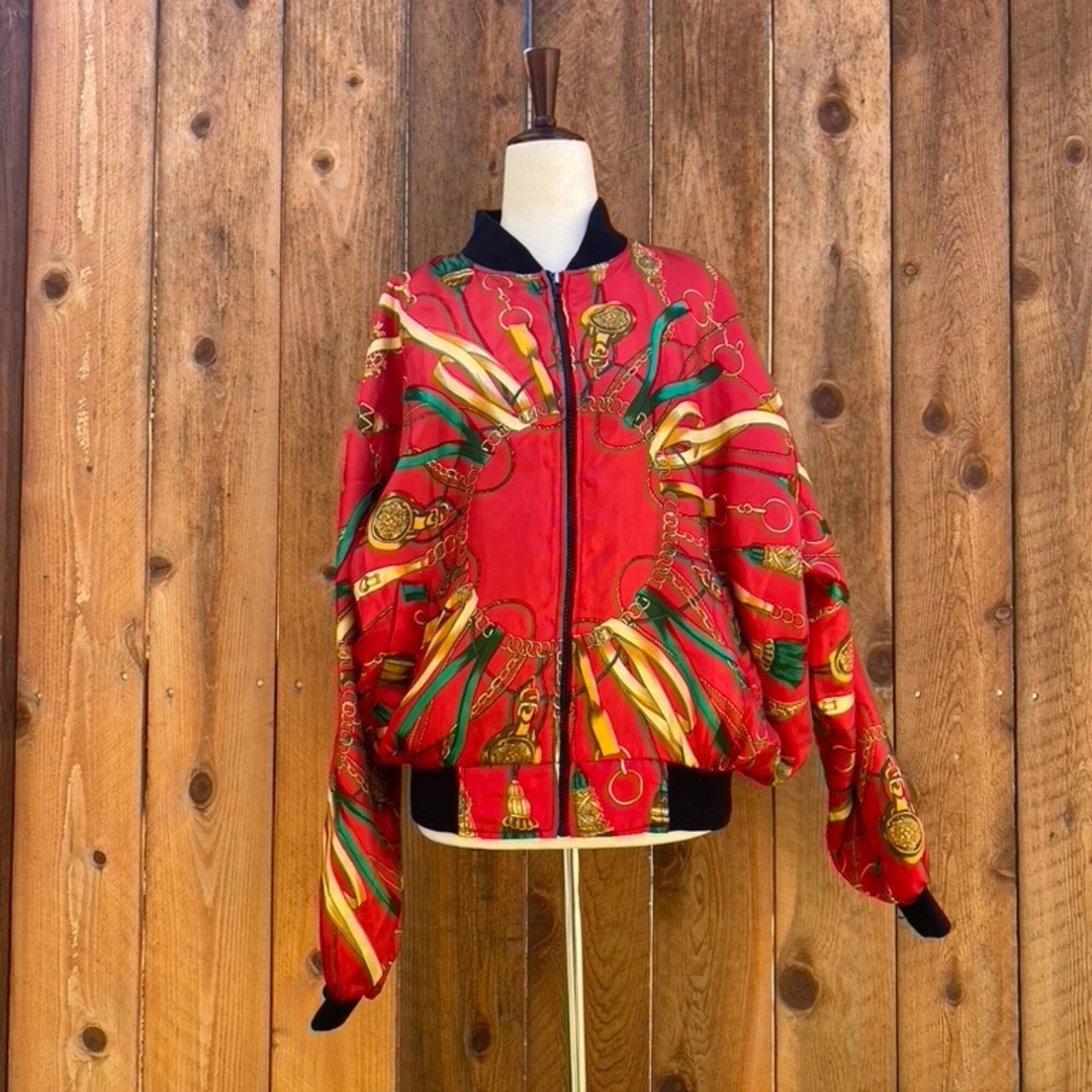 1990s Jacqueline Ferrar Red Bomber Jacket Gold Chain Green Ribbon Print size M