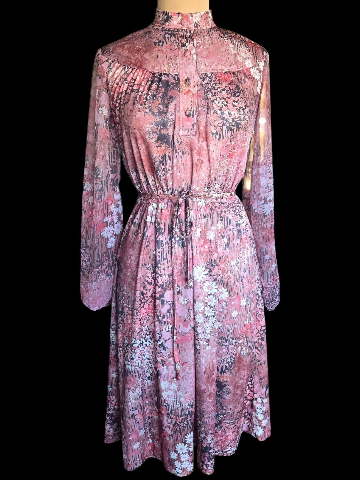 70s Vintage Lady Carol Secretary Geek Dress, Sheer Mesh Long Sleeve Sz 10