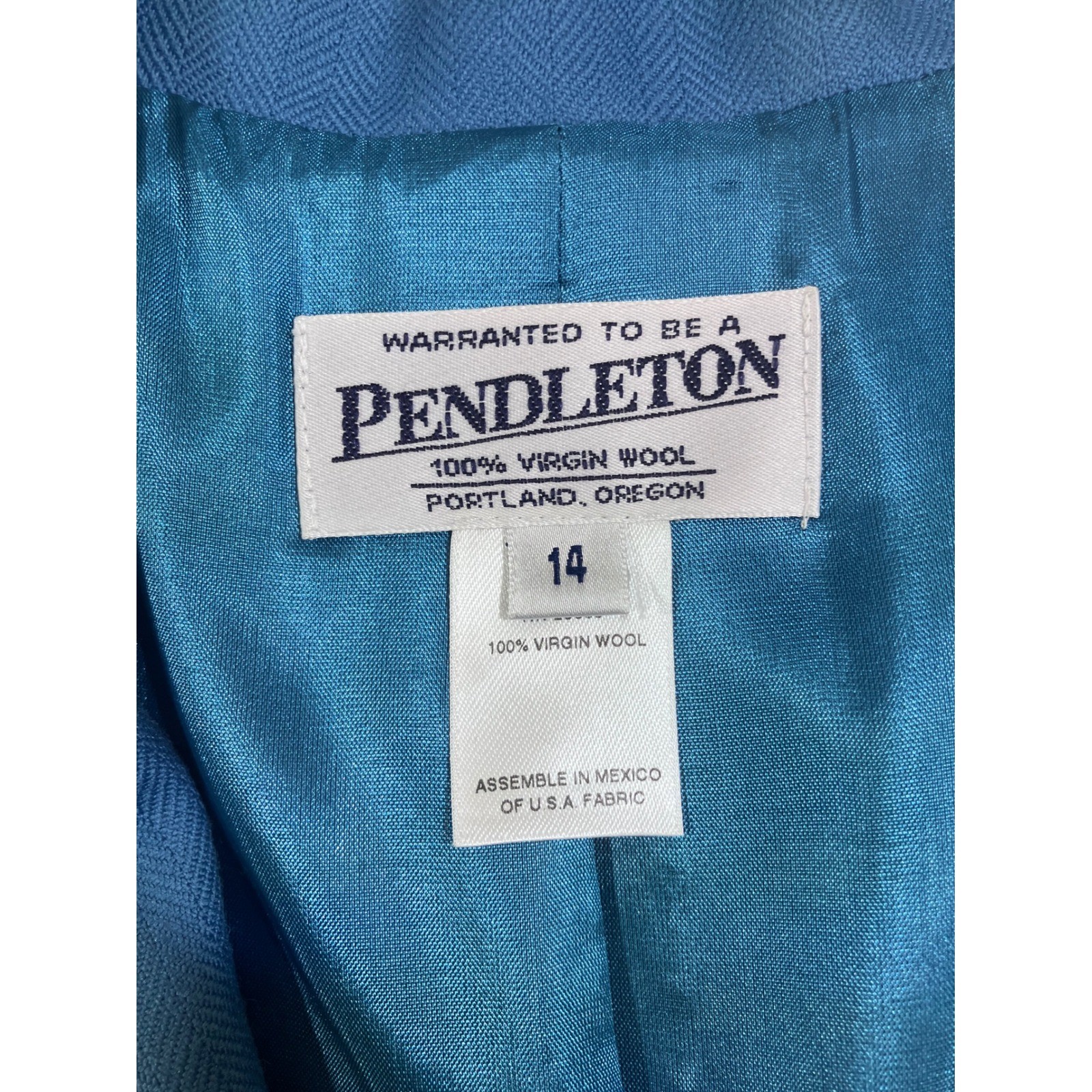 Pendleton Blue Virgin Wool Skirt Suit Set Blazer Pleated Plaid Skirt Womens 14
