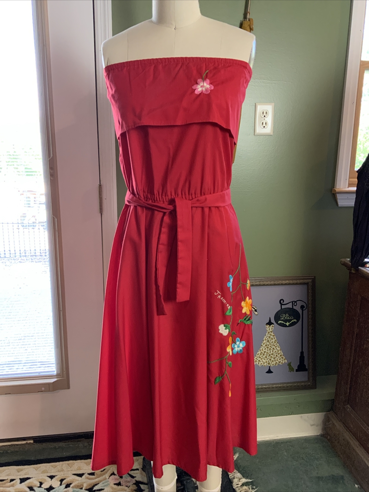 Vintage 1960s Red Embroidered Jamaica Strapless Dress Sz 12 Bust 40
