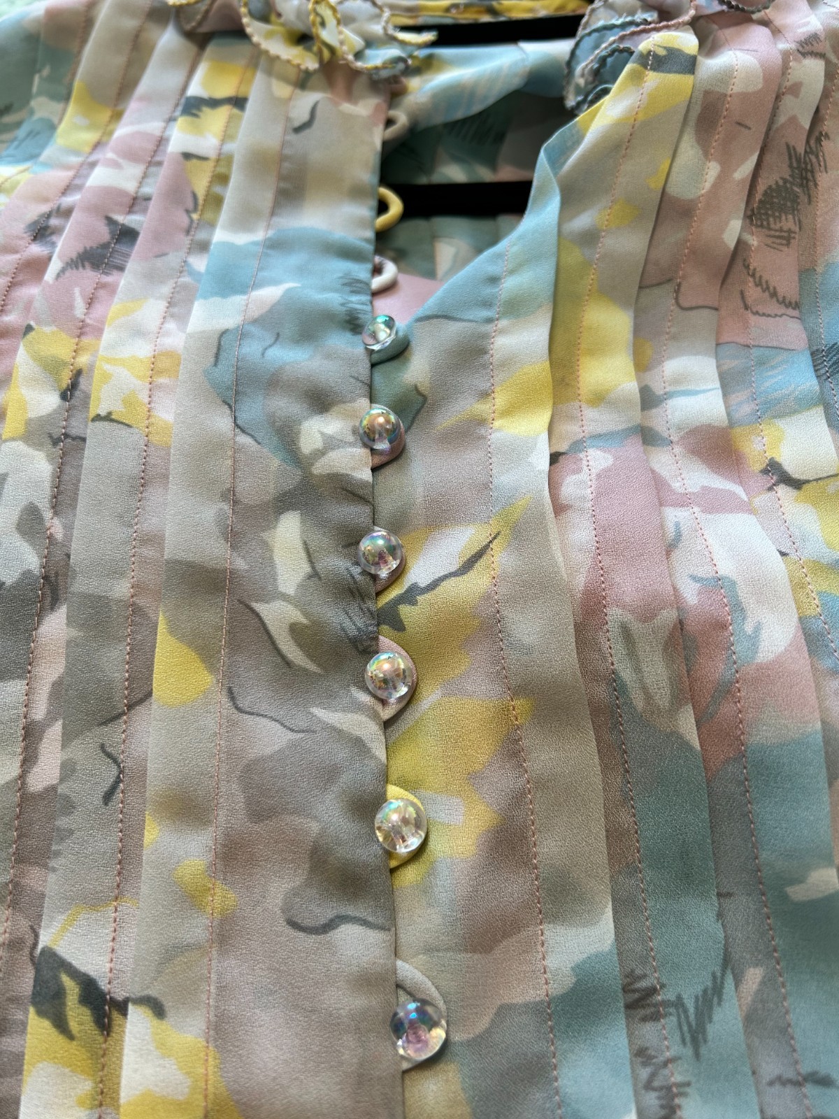 70s Floral Chiffon Hostess Dress Size Large Maxi ButtonUp Pleat Ruffle HighNeck