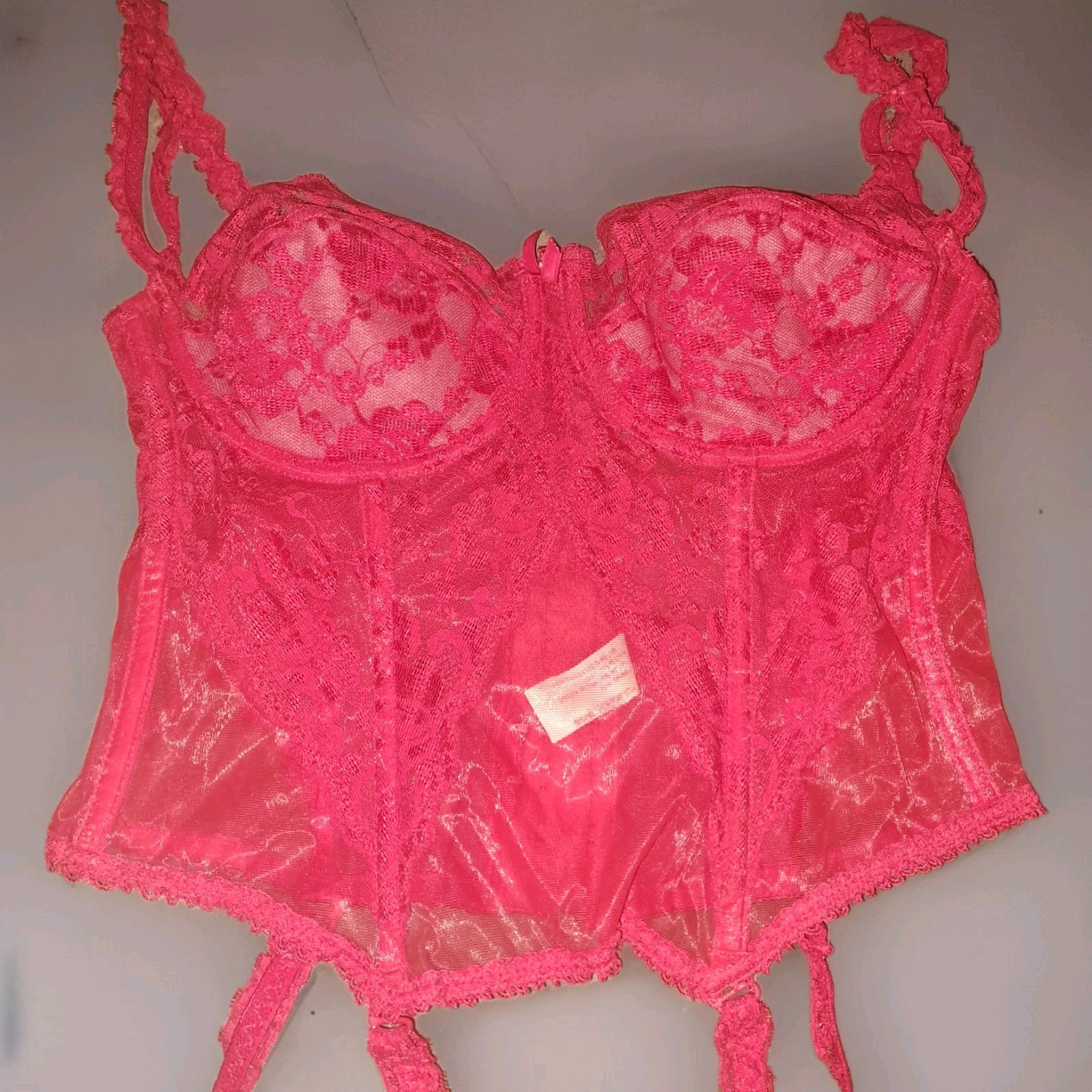 1970-80&rsquo;s Vintage Lady Marlene Red Corset W/Garter Clips Lace & Stockings Sz 36C
