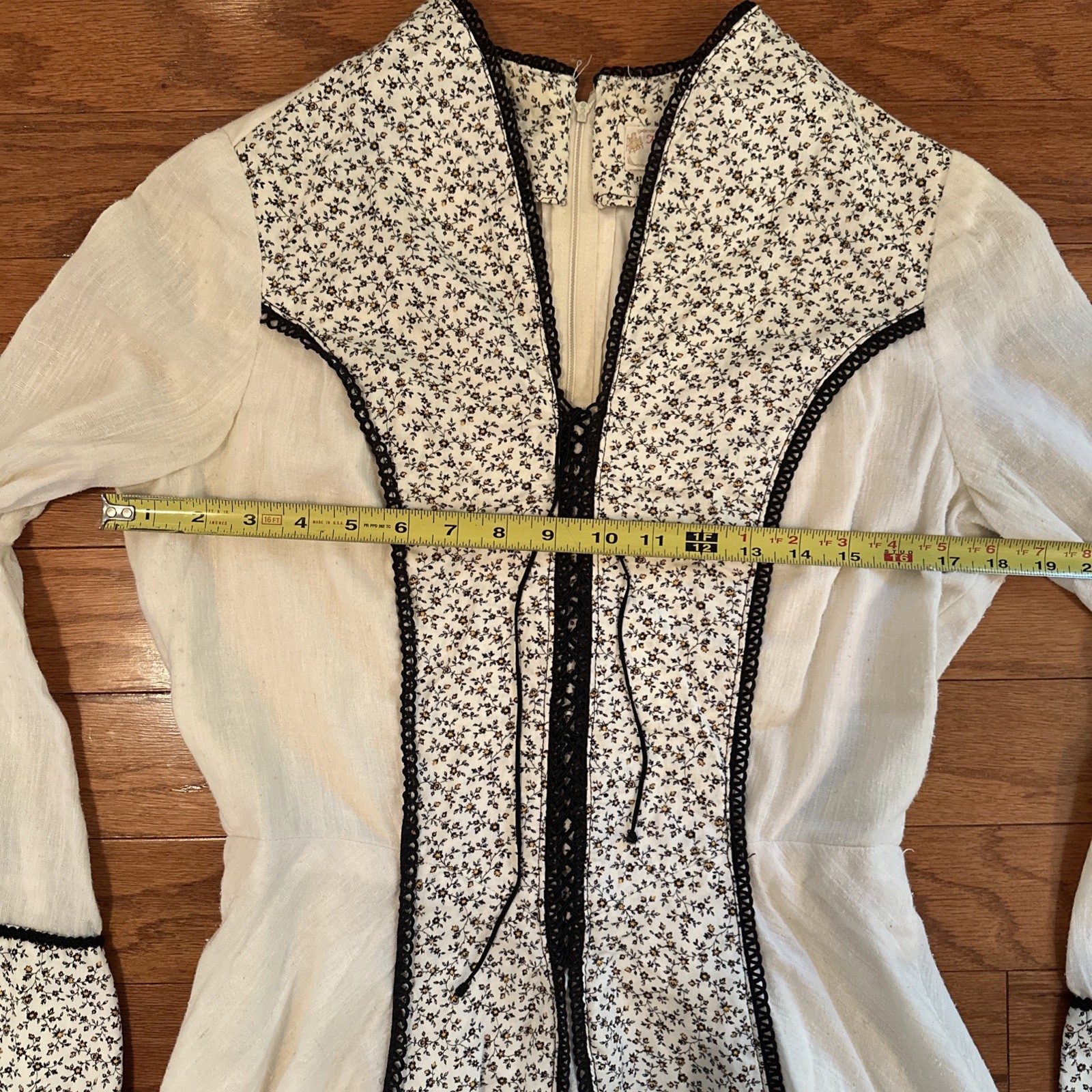 Vtg Handmade Dress 70s Boho Peasant Renaissance White Floral Long 6 8 S M