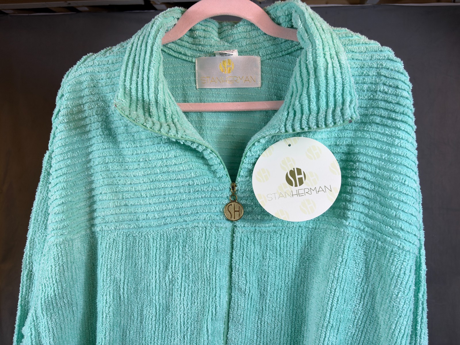 VTG Stan Herman Turquoise Chenille Robe House Coat 1/2 zip Pockets XL P NWT