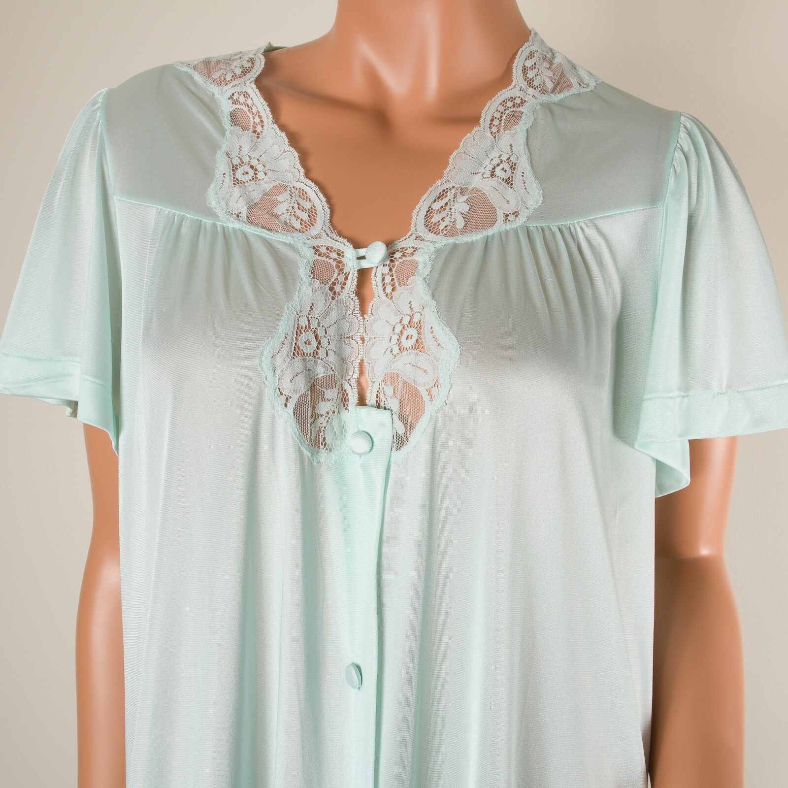 💖 VTG GILEAD Light Green Robe & Nightgown Set Nylon Lace Robe Sz S Gown Sz M