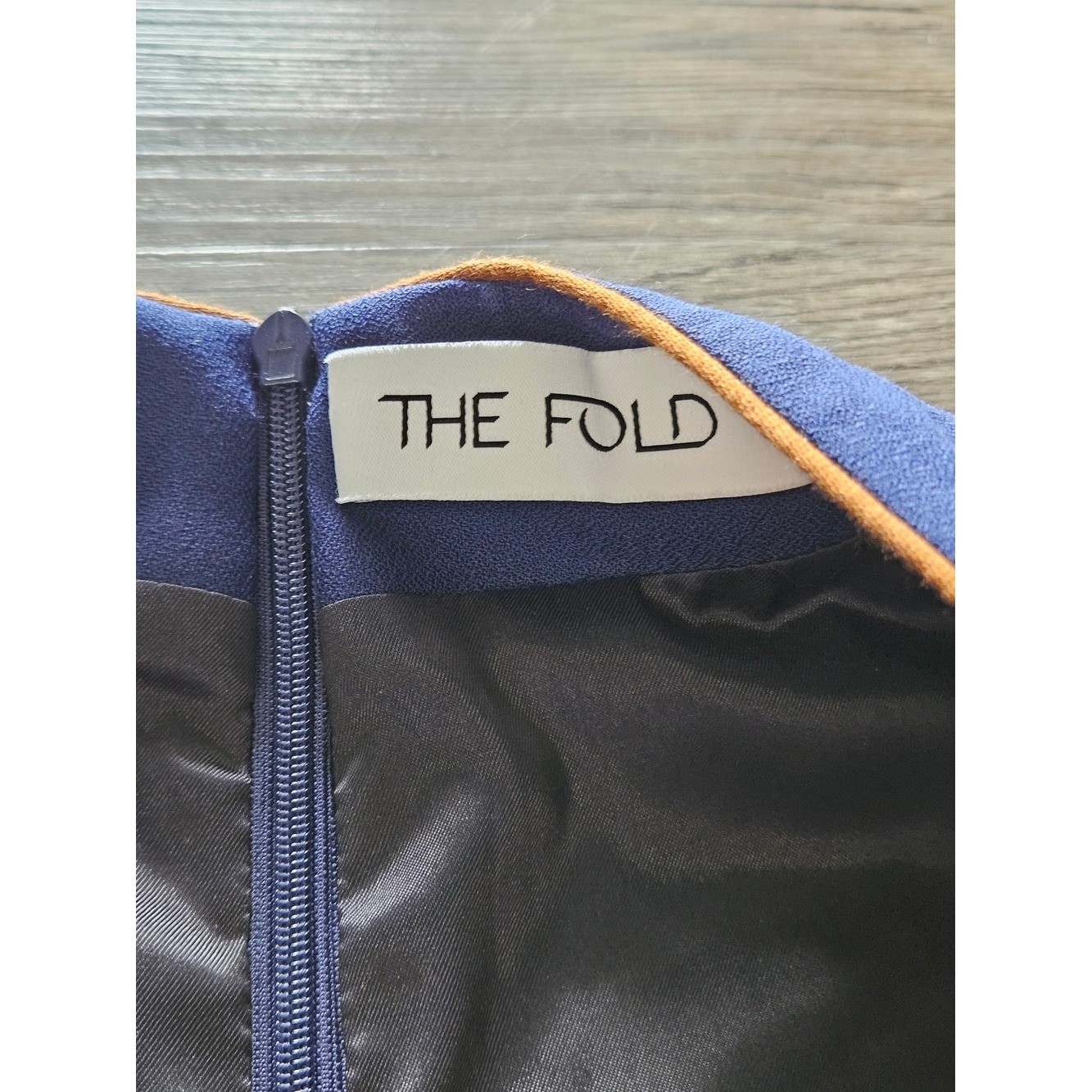 Rare THE FOLD London Virgin Wool Navy Blue w/ Copper Neck Line & Belt Trim Dress