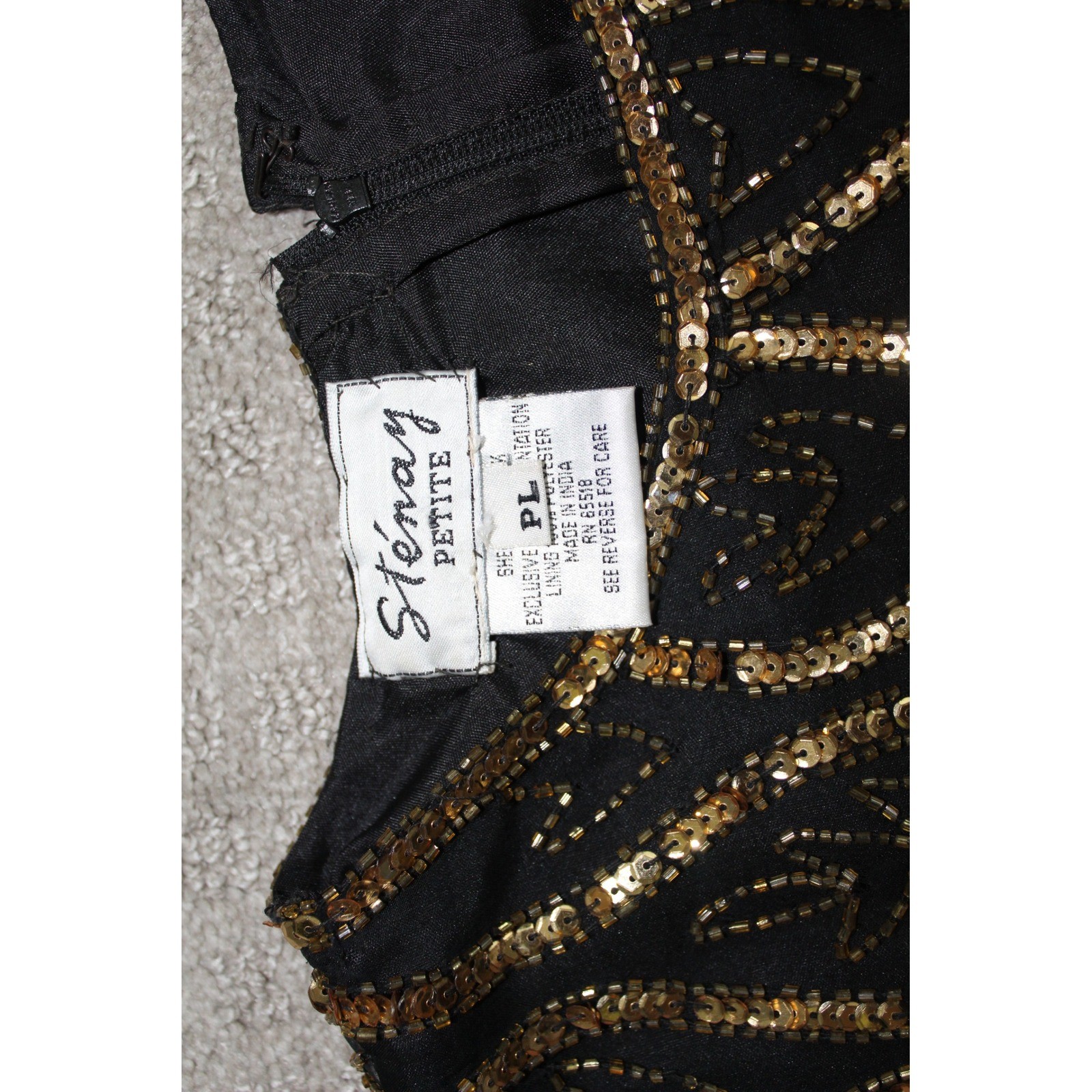 VTG Stenay Petite Gold Sequin Beaded Evening Top Black Art Deco Scalloped PL