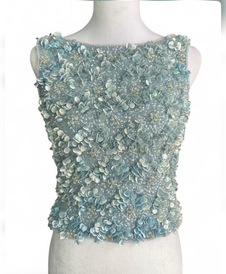 Joseph Horne VTG 1950’S/60’S Beaded Sequin Top Icy Blue Mermaid Core Sz S/M