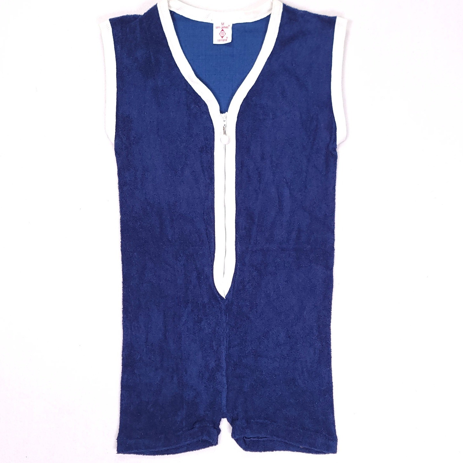 Vintage Lollipop Lolli-jamas Terry Cloth Romper Blue White Zip Front Womens M