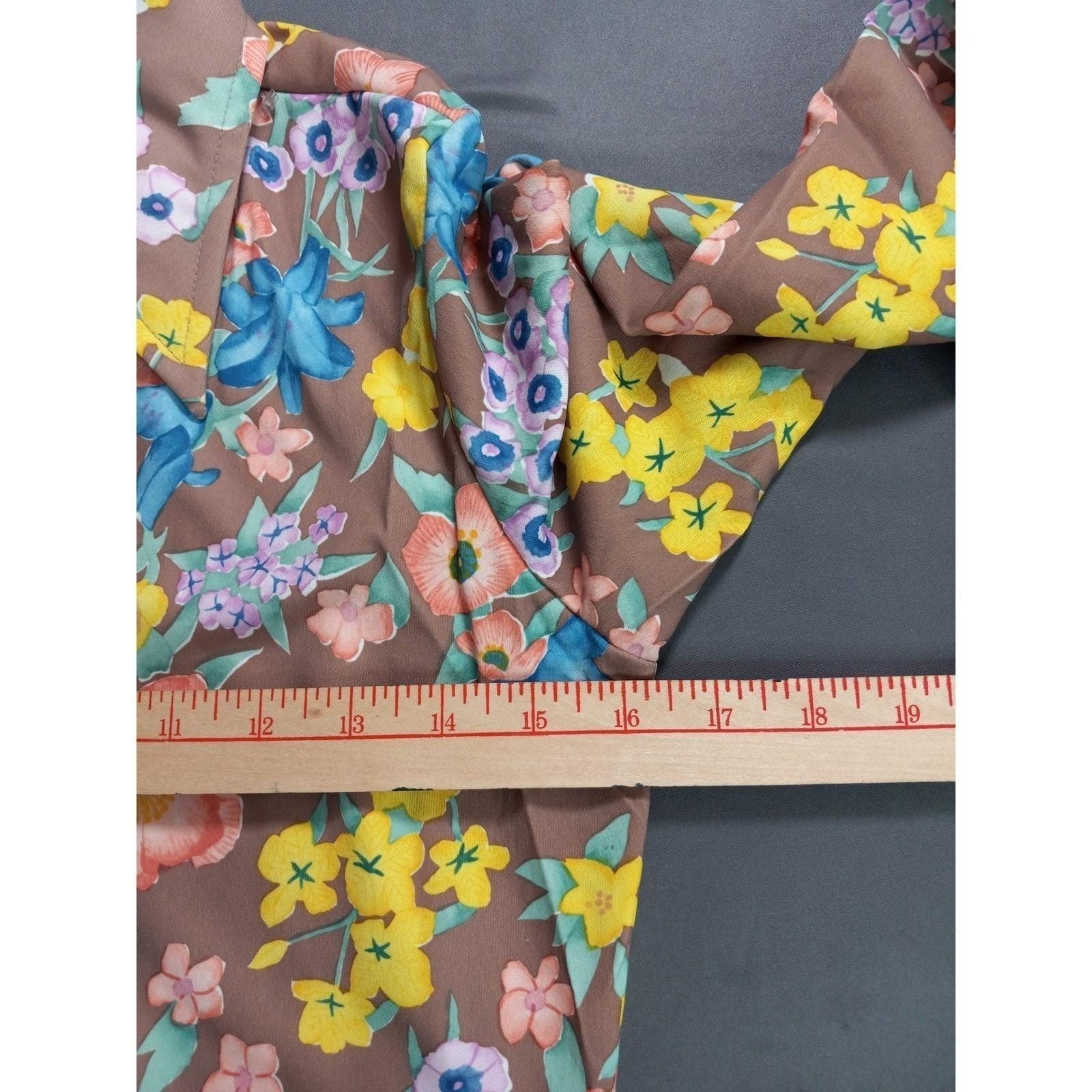 Vintage Sears Perma-Prest Floral Button Down Shirt Brown Blue Yellow 70s Size 12