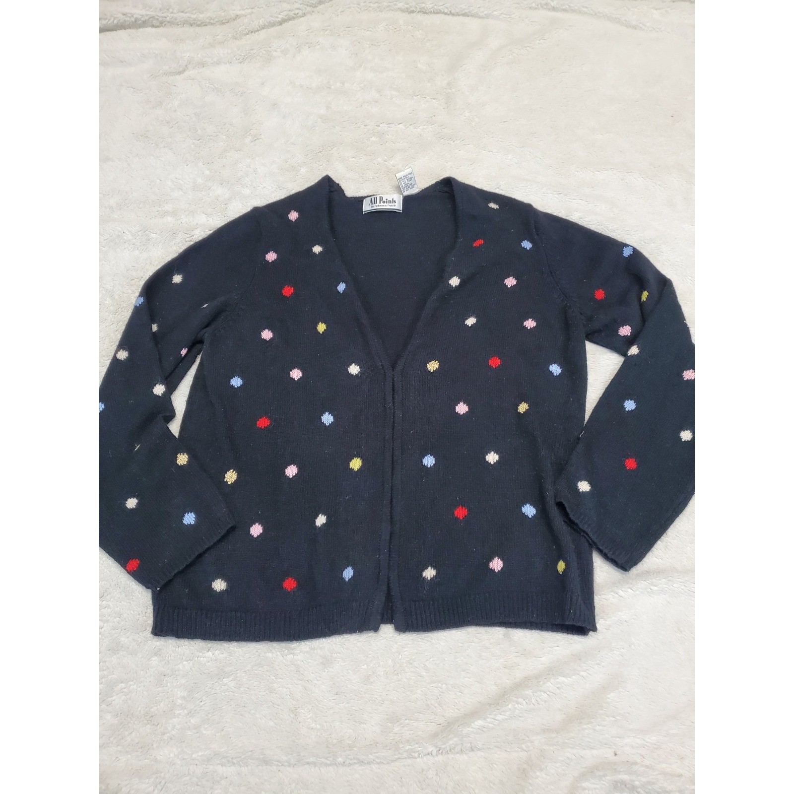 Vintage Black Knit Colorful Polka Dot Embroidered Silk Angora Cardigan Medium