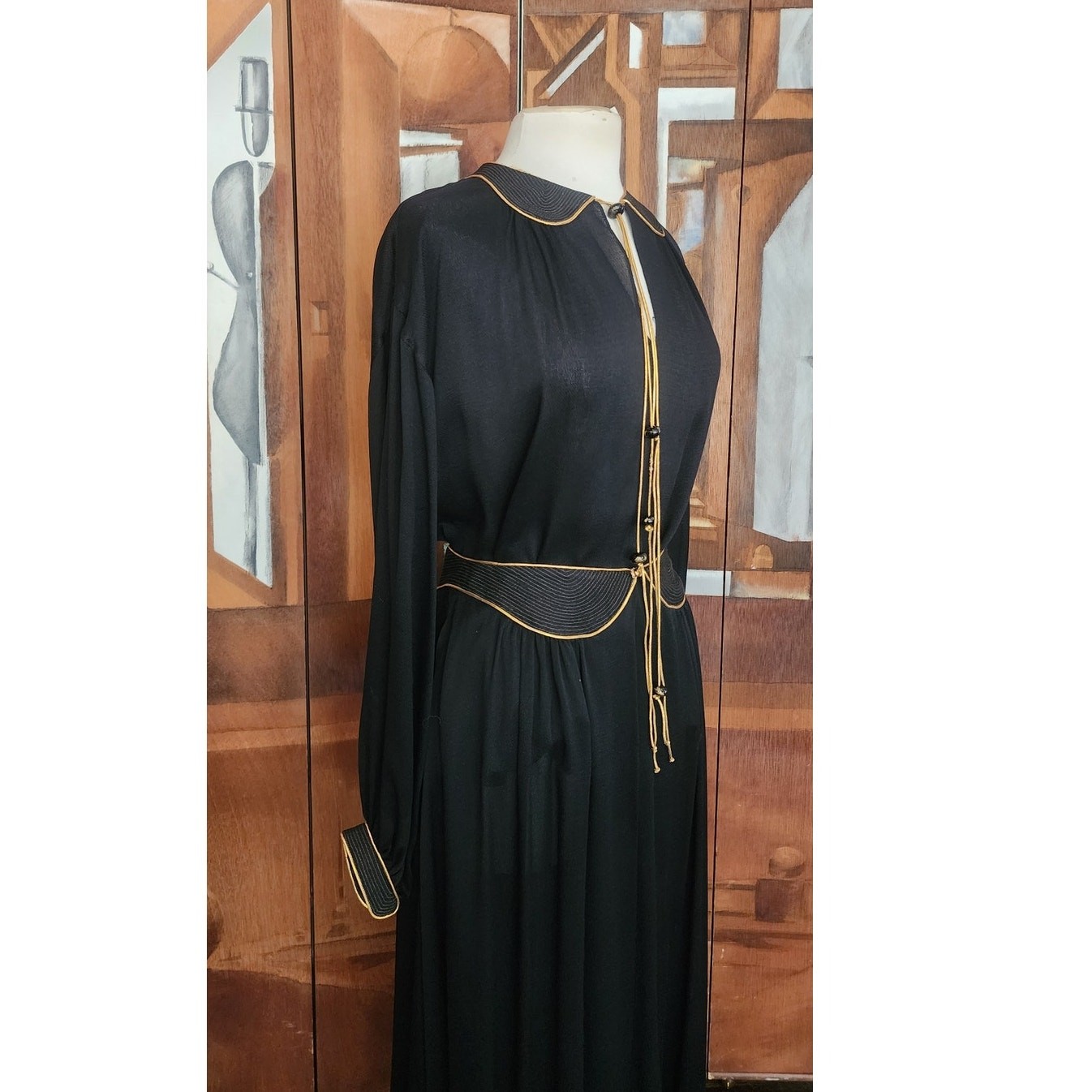 VTG 1970s Geoffrey Beene Ensemble Maxi Skirt Boho Shirt Evening Set Black Gold