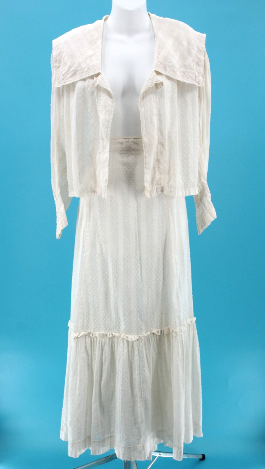 VTG Women&rsquo;s Late 1800s 2 Pc Sheer White Polka Dot Cotton Top & Skirt Set XXS/XS
