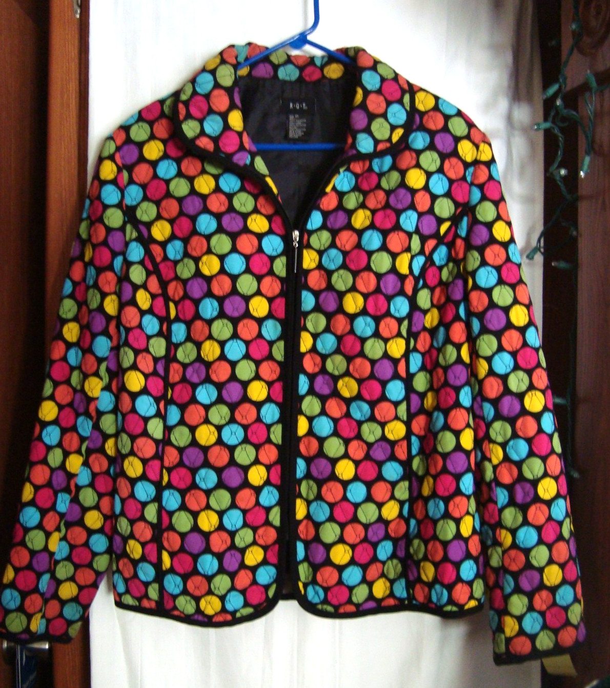 Vintage RQT ART TO WEAR Jacket*Multi Color « Baseball »Polka Dots*XL*Lined*Quilted