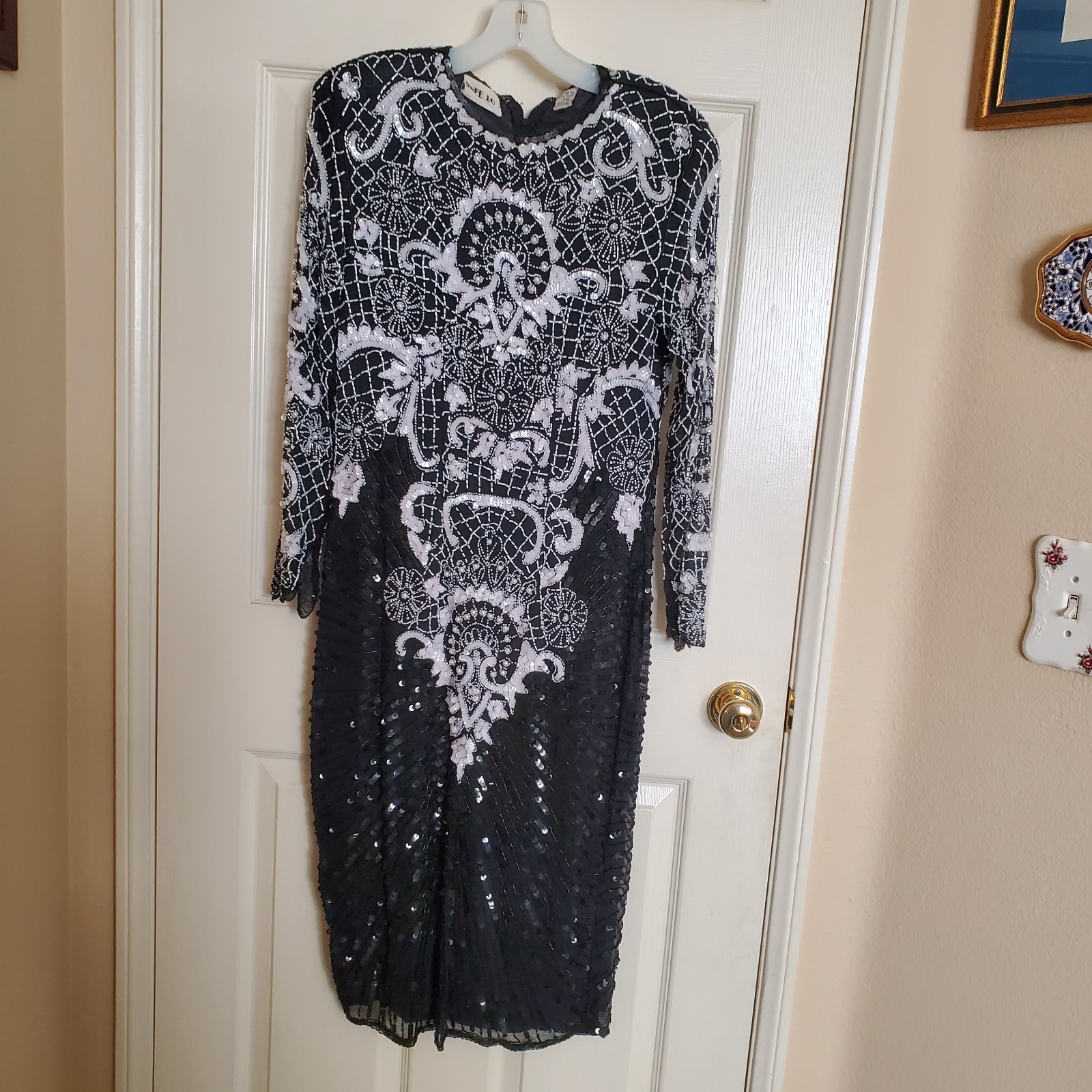 Vintage Swee Lo Silk Beaded Sequins Black/White Cocktail Evening Dress PM As Is