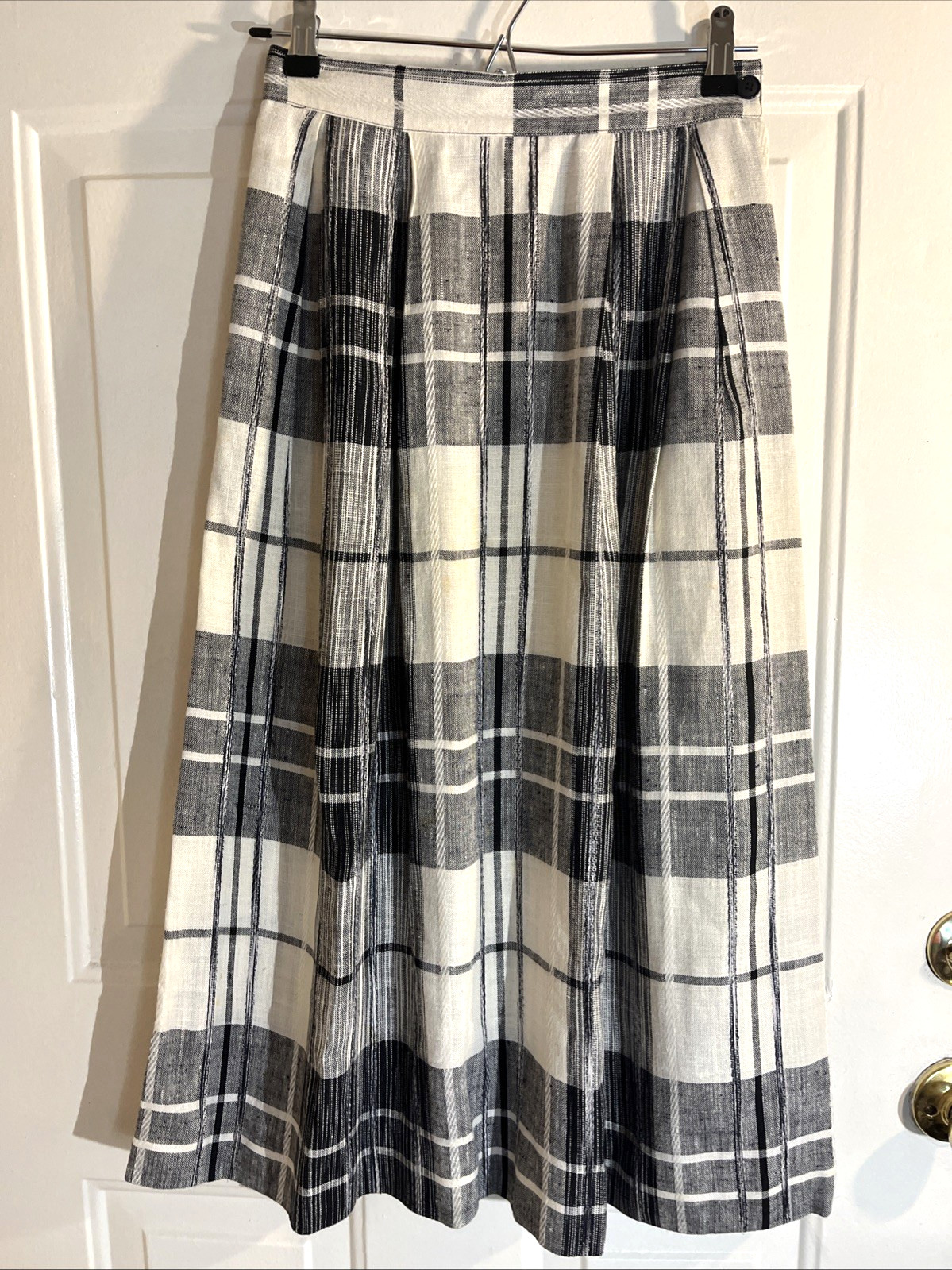 Vintage Lloyd Williams Plaid Linen Blend Midi Skirt Cream Black VTG 4 XS‑S USA