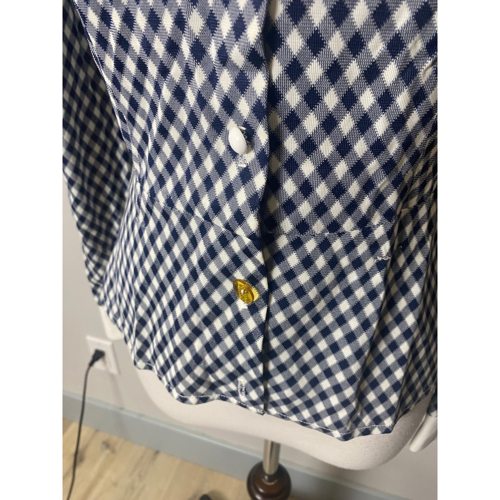 Vintage 40&rsquo;s/50&rsquo;s Navy White Gingham Plaid Collar Peplum Top long sleeve