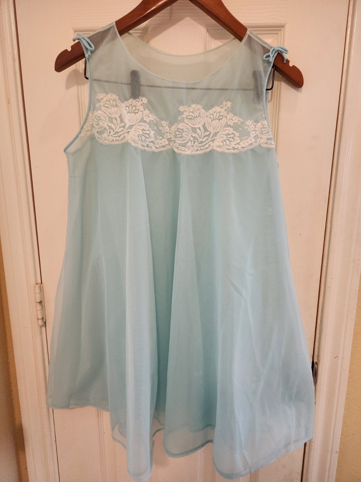 VTG Sm+ Ocean Blue Sheer Dbl Chiffon Babydoll Peignoir Robe Nightgown Gown Set