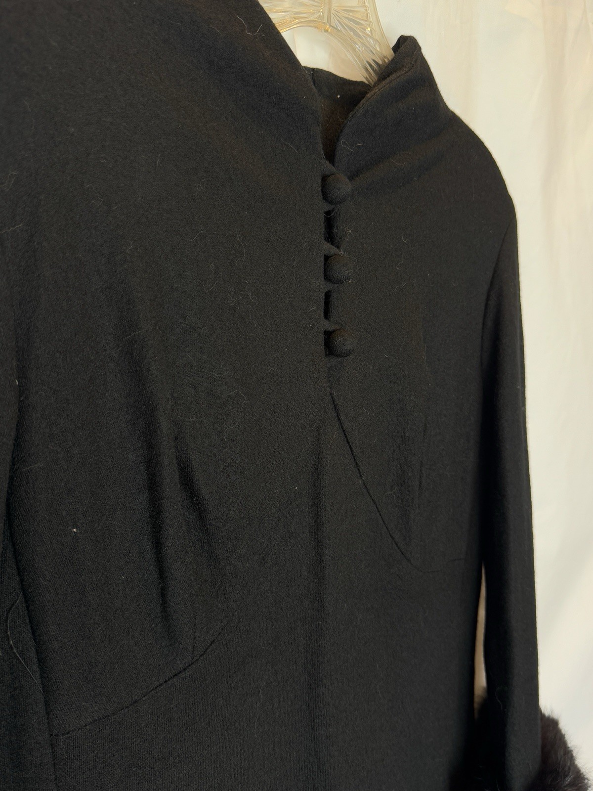 Sandi Monica Vintage Black Wool Coat Dress with Fur Trim