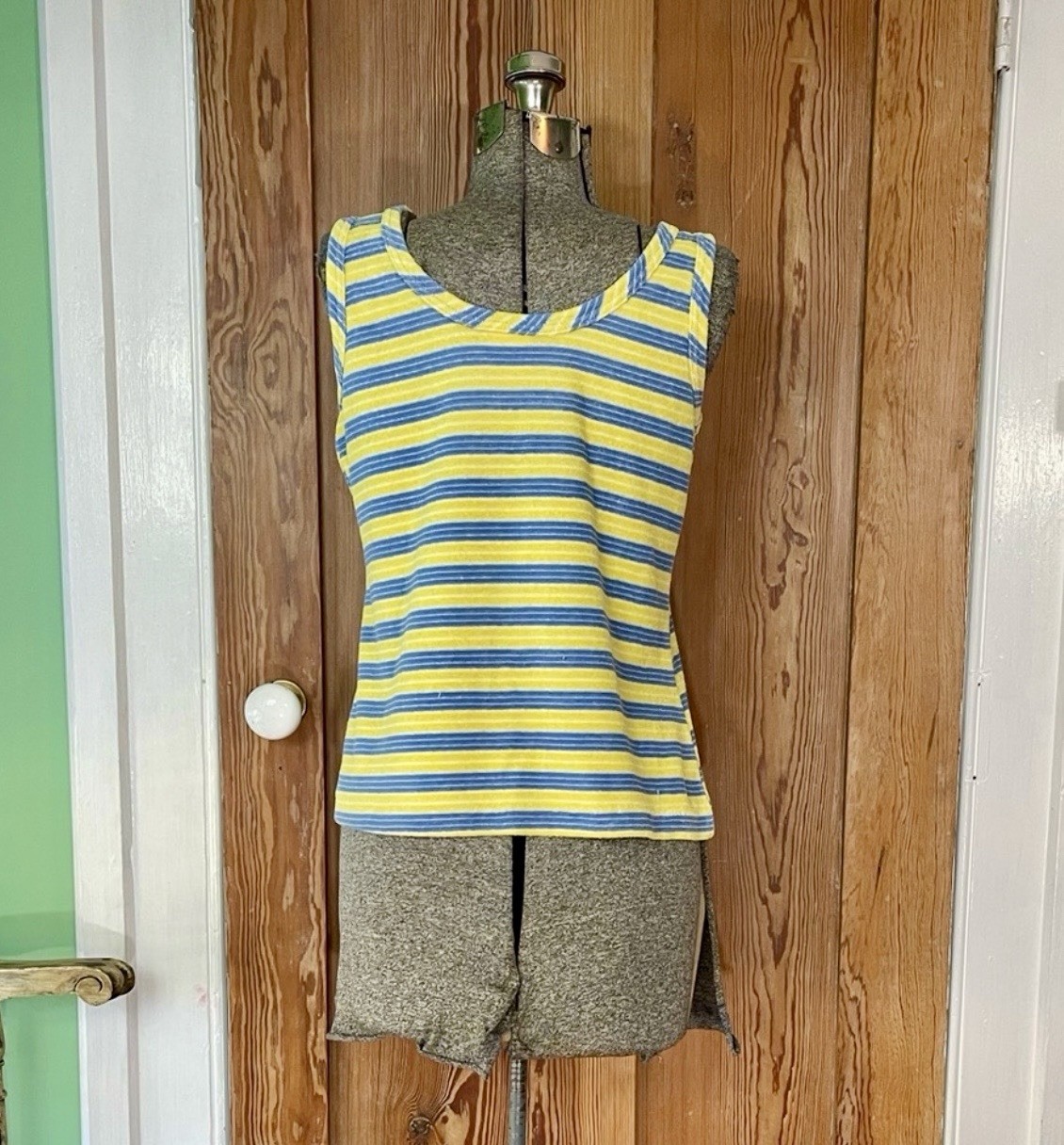 Vntg 70s Terrycloth Striped Tank Top Blue Yellow Retro Beachy Mod Tee Sz M💛🍄