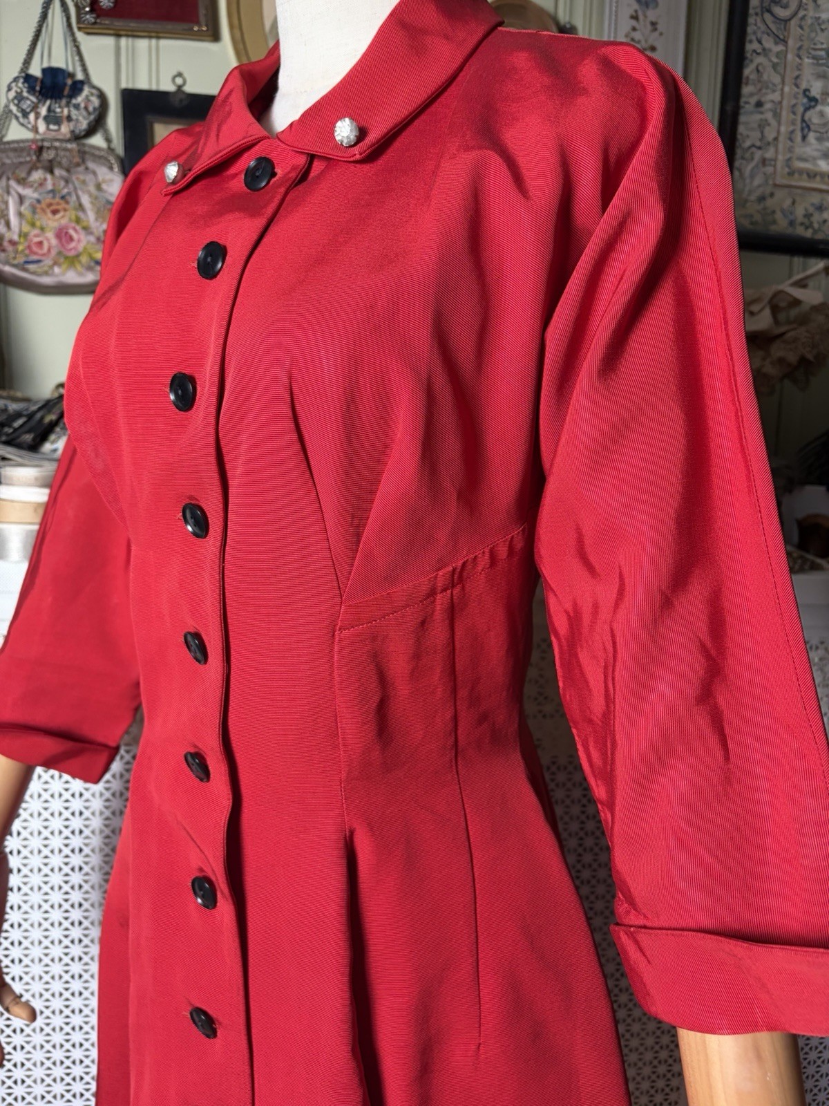 Vintage 1950s Bright Red Rayon Faille Tailored Fit And Flare Dress