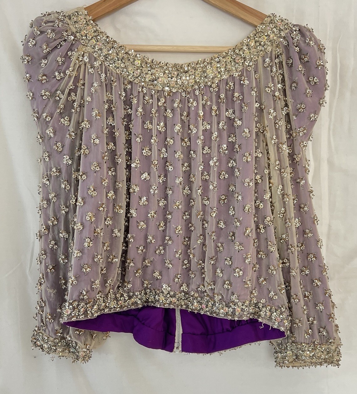 VTG Crystal Evening Jacket / Top Heavy Embellishment Sheer Silk Overlay Sparking