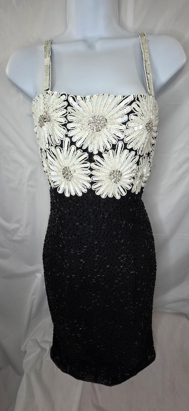 VTG Frank Usher Heavy Beaded & Sequinned 100% Silk Dress Size S 80s 90s Floral