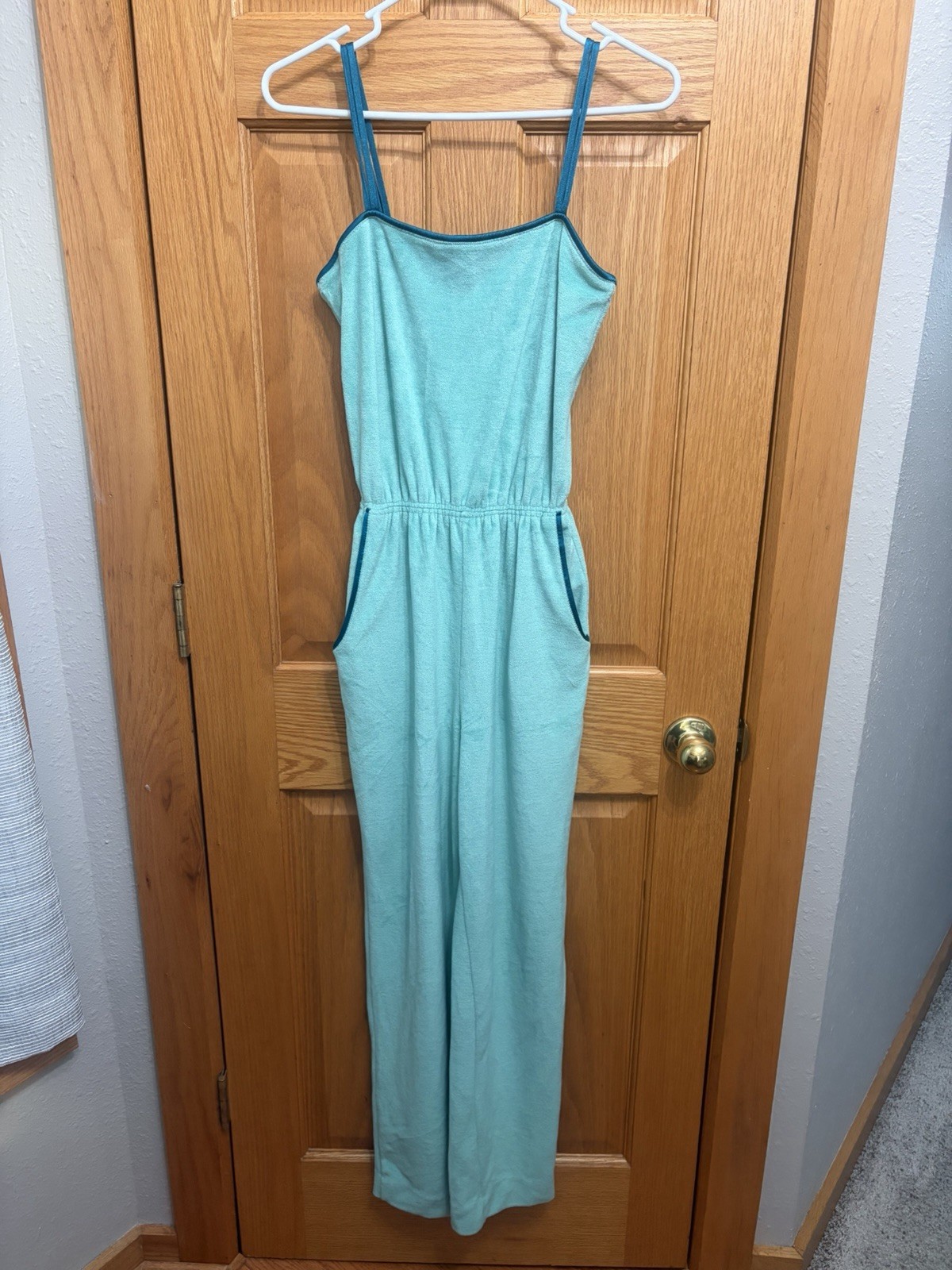 VTG 1970s De Weese Design Mint Aqua Terry Velour 2pc Jumpsuit Jacket Set Small